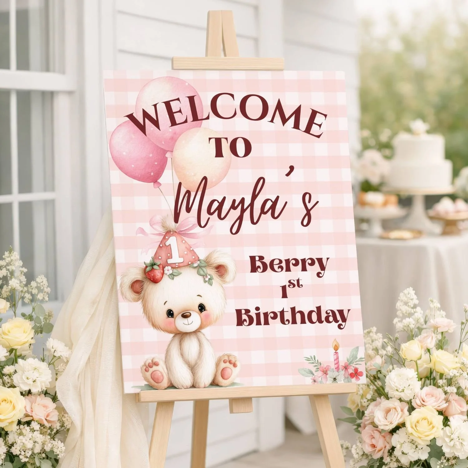 Girl Berry 1st Birthday Welcome Sign, Teddy Bear Strawberry 1st Party Banner, Pink Balloons and Gingham  #2