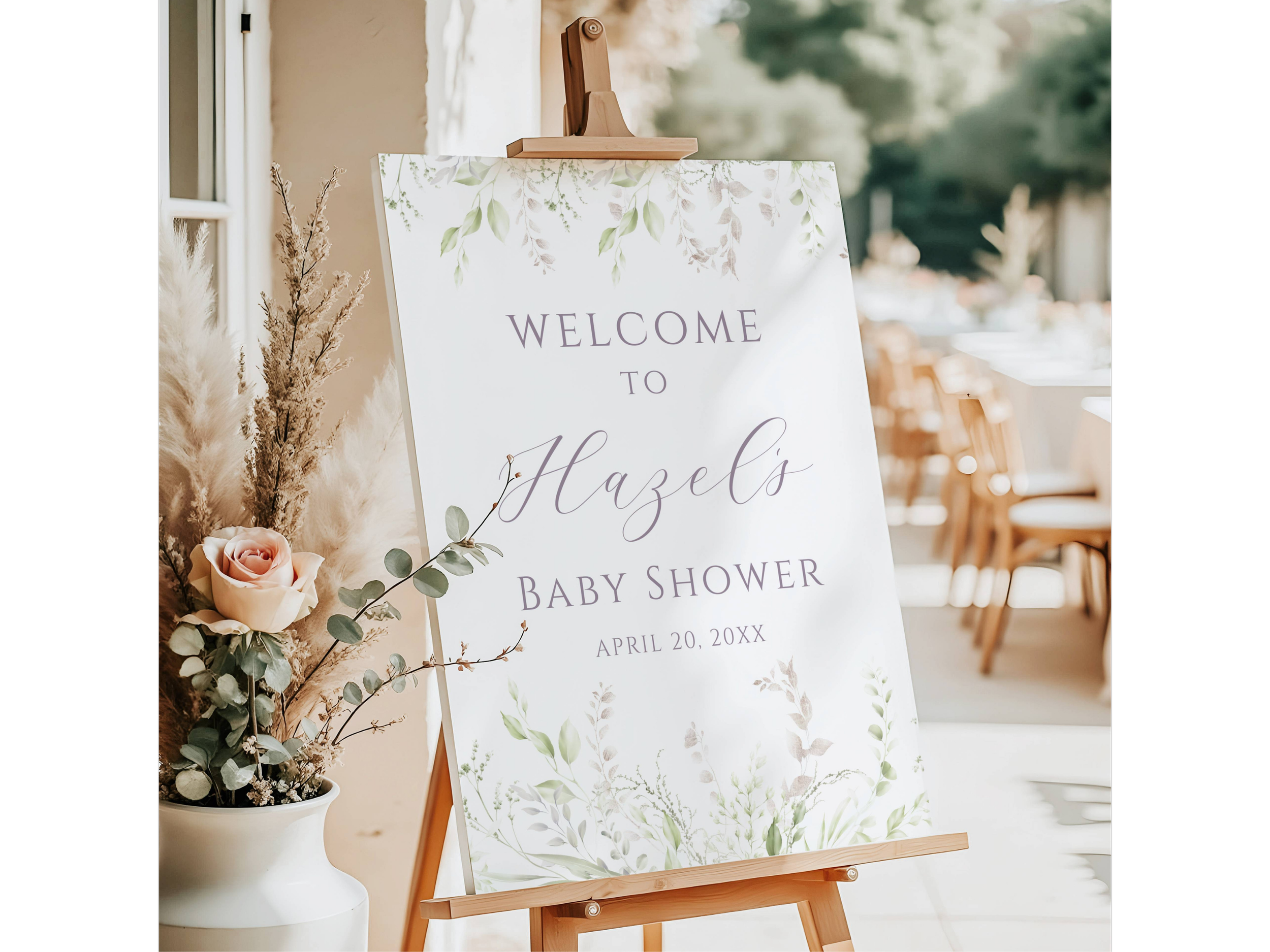 Green Leaf Lavender Floral Baby Shower Welcome Sign #17