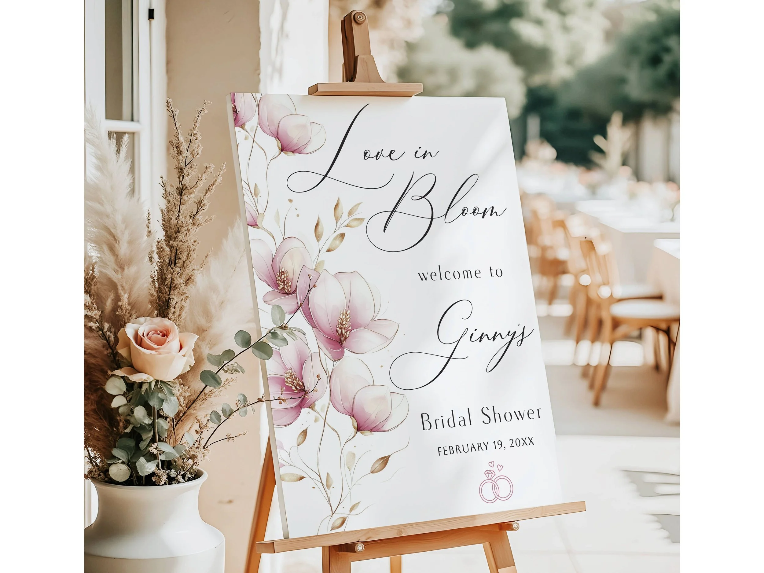 Modern "Love In Bloom" Blush Pink and Gold Floral Bridal Shower Welcome Sign #49