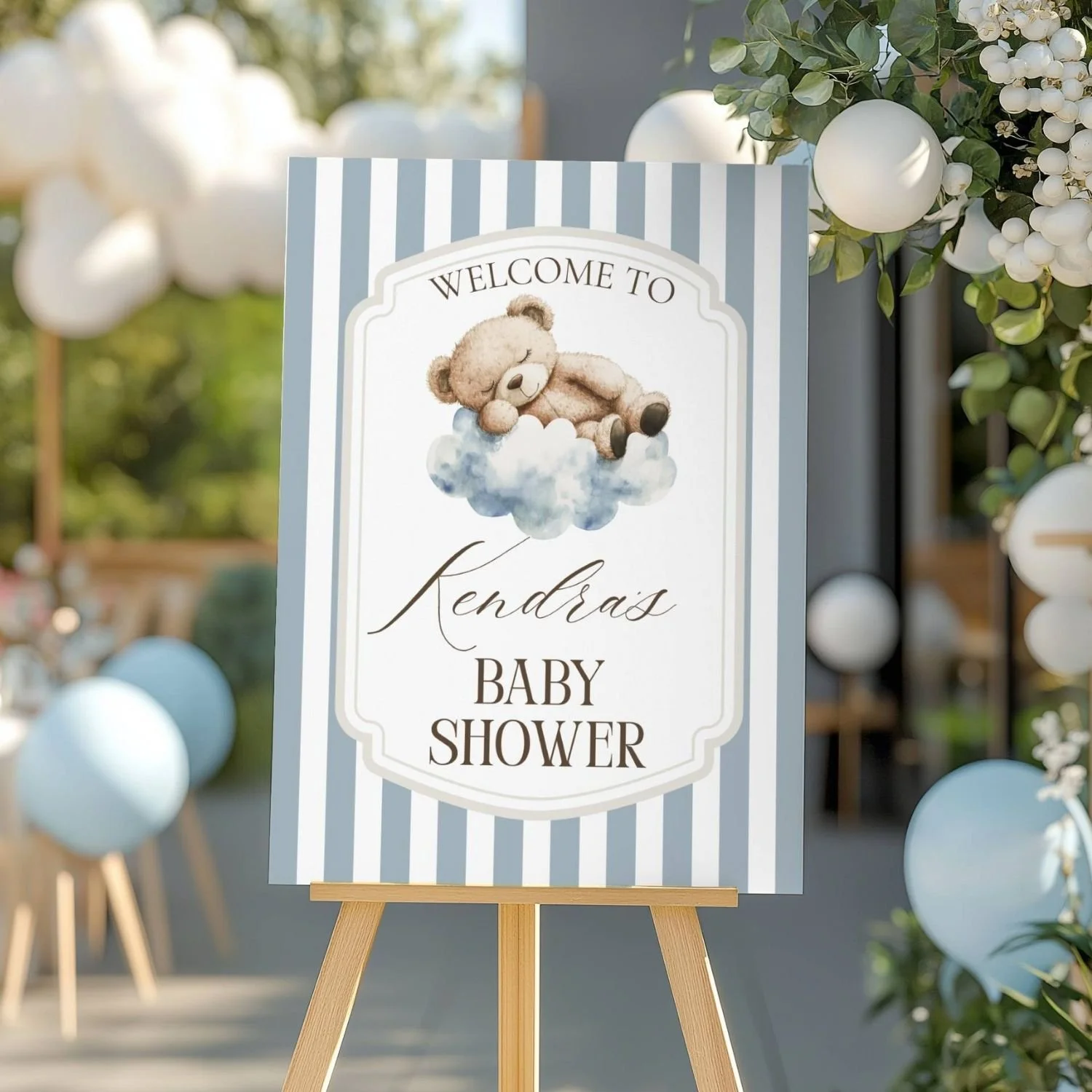 Blue Striped Sleeping Teddy Bear Baby Shower Welcome Sign-#117