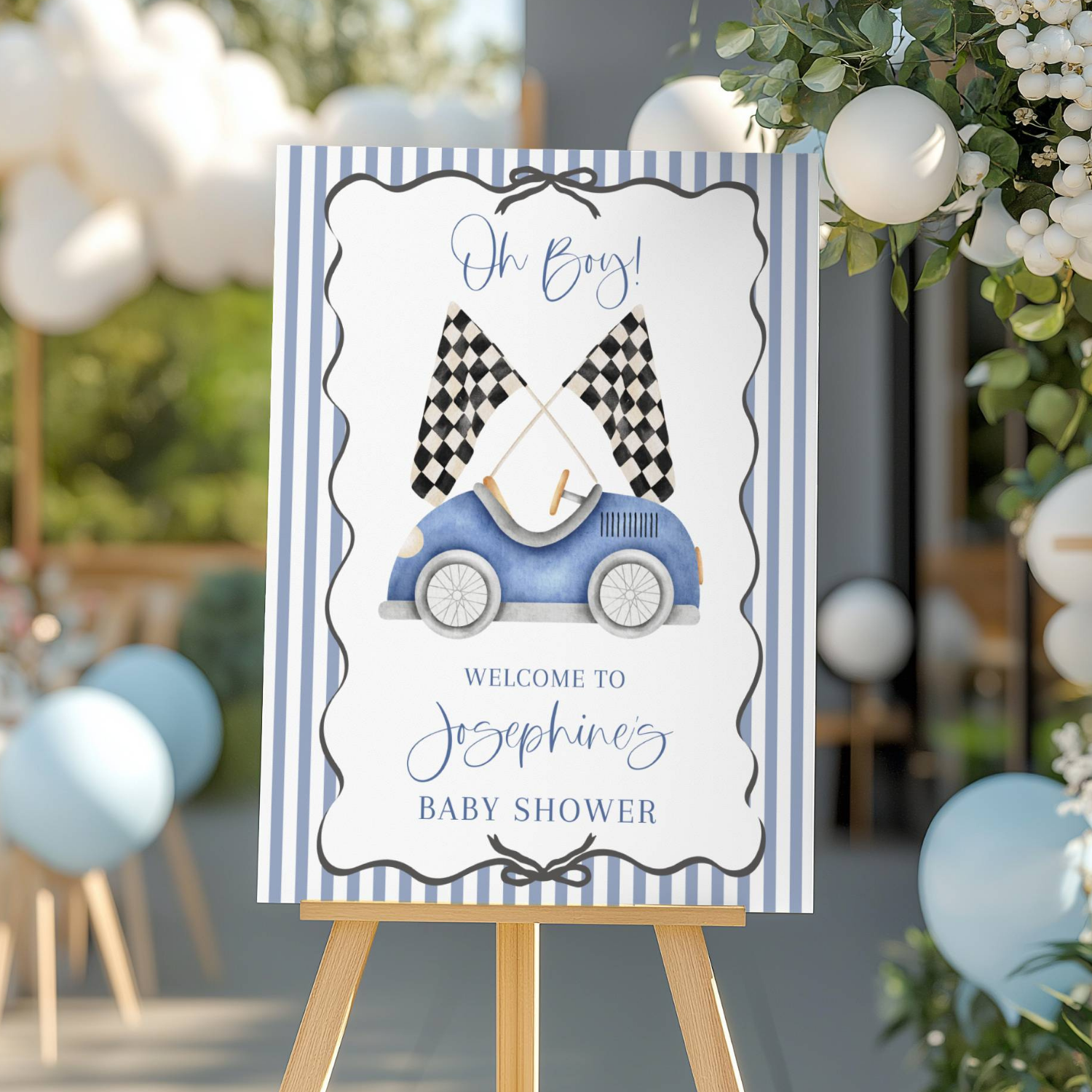 Vintage Race Car Blue Striped Boy Baby Shower Welcome Sign-#146