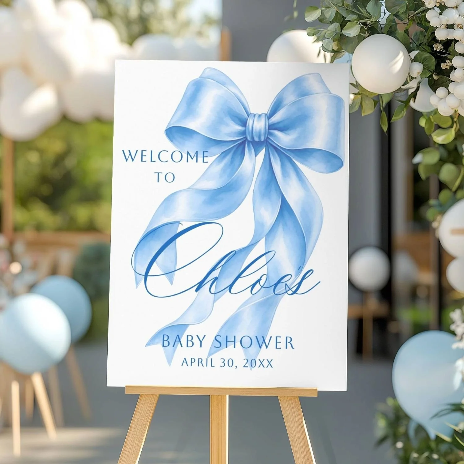 Blue Ribbon Boy Baby Shower Welcome Sign, Watercolor Coquette Bow Shower Decor #185