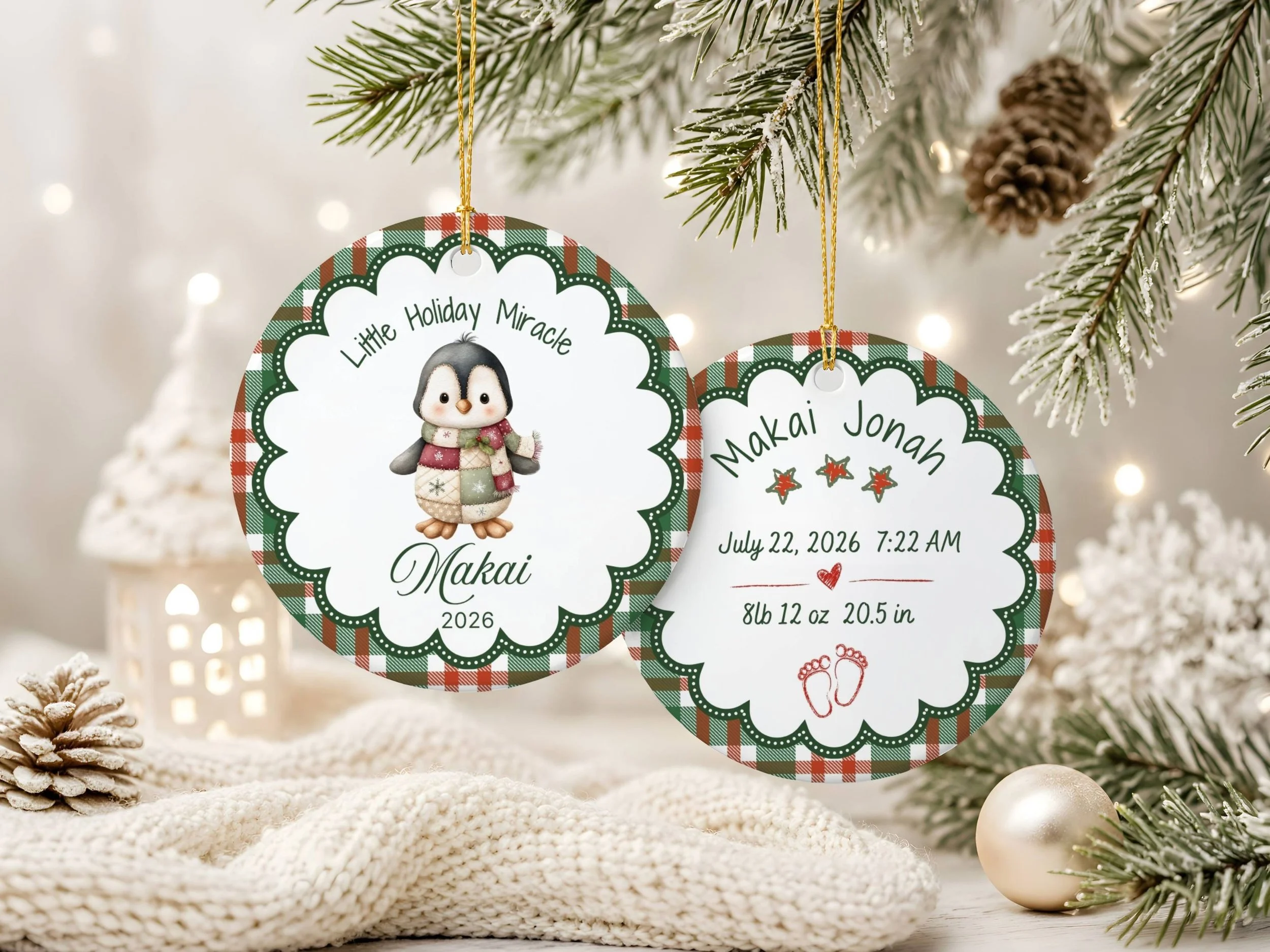 Personalized Baby Penguin Patchwork Ceramic Christmas Ornament CK4