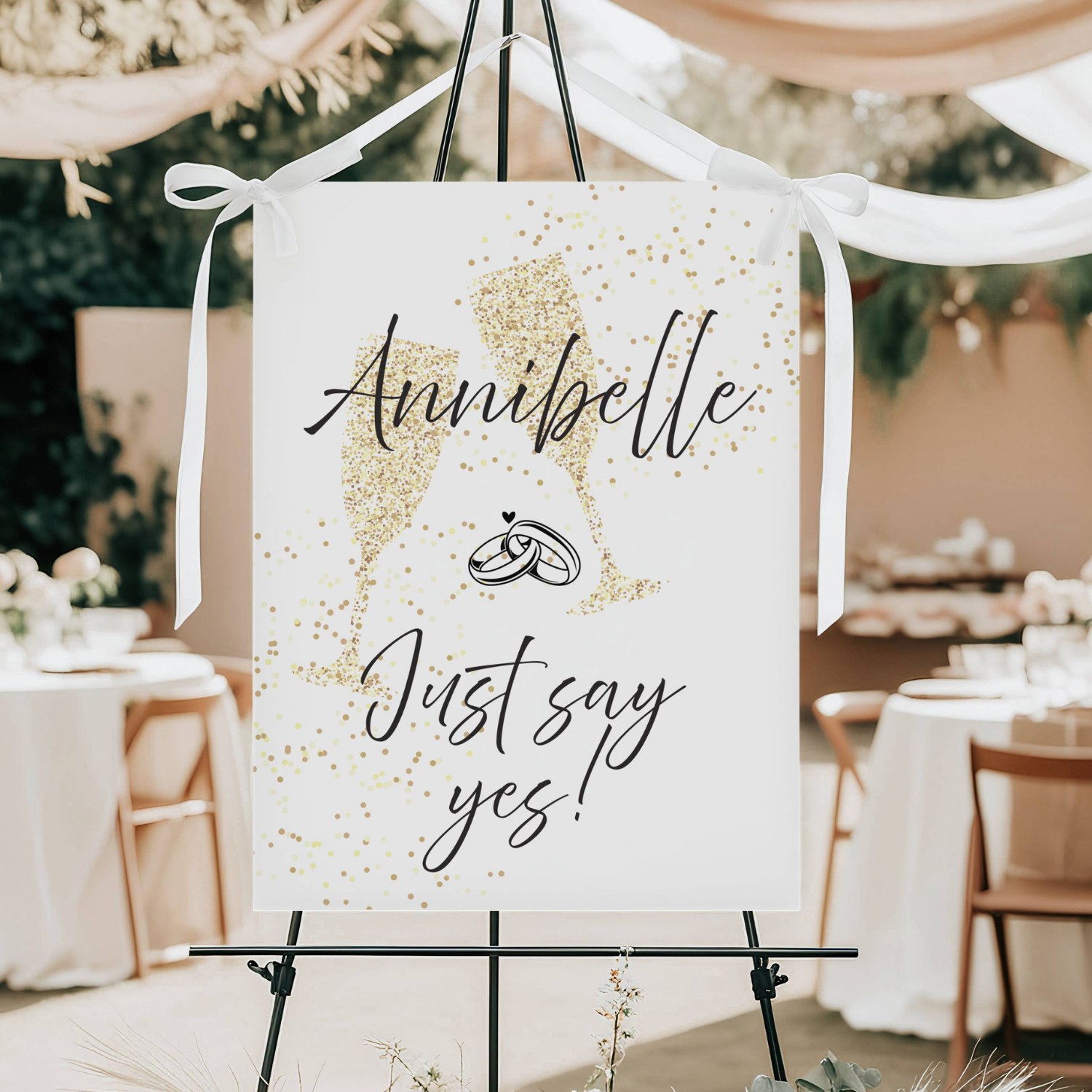 Just Say Yes! Marriage Proposal Sign Gold Shimmer and Champagne Flutes #4