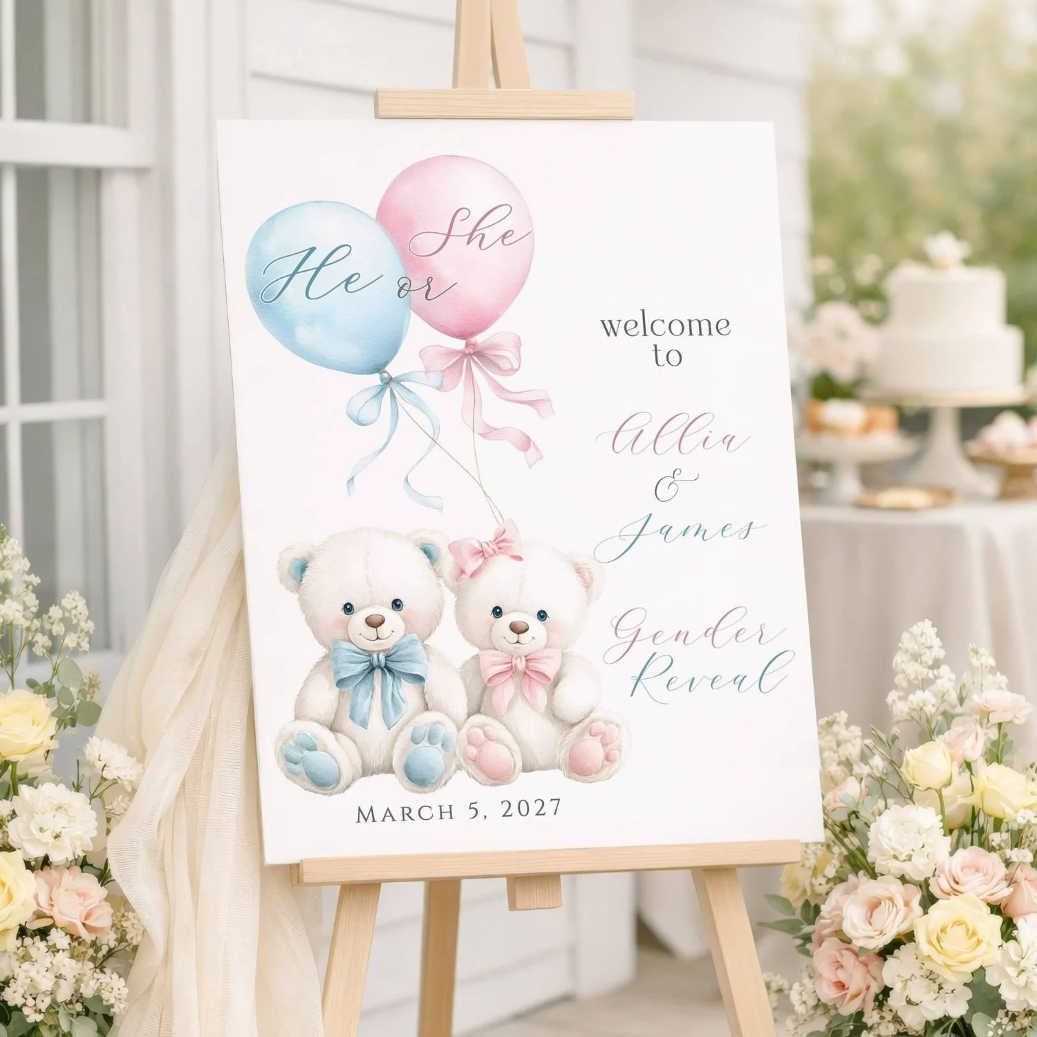 Boy or Girl Teddy Bear Gender Reveal Sign, Balloons Welcome Sign #3