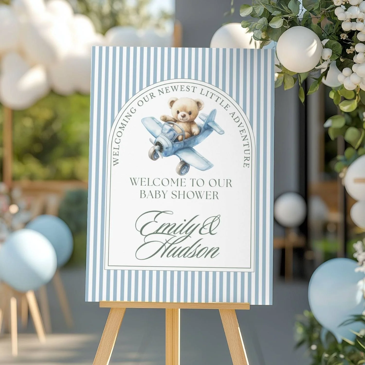 Our Newest Adventure Blue Teddy Bear Baby Shower Welcome Sign-#95