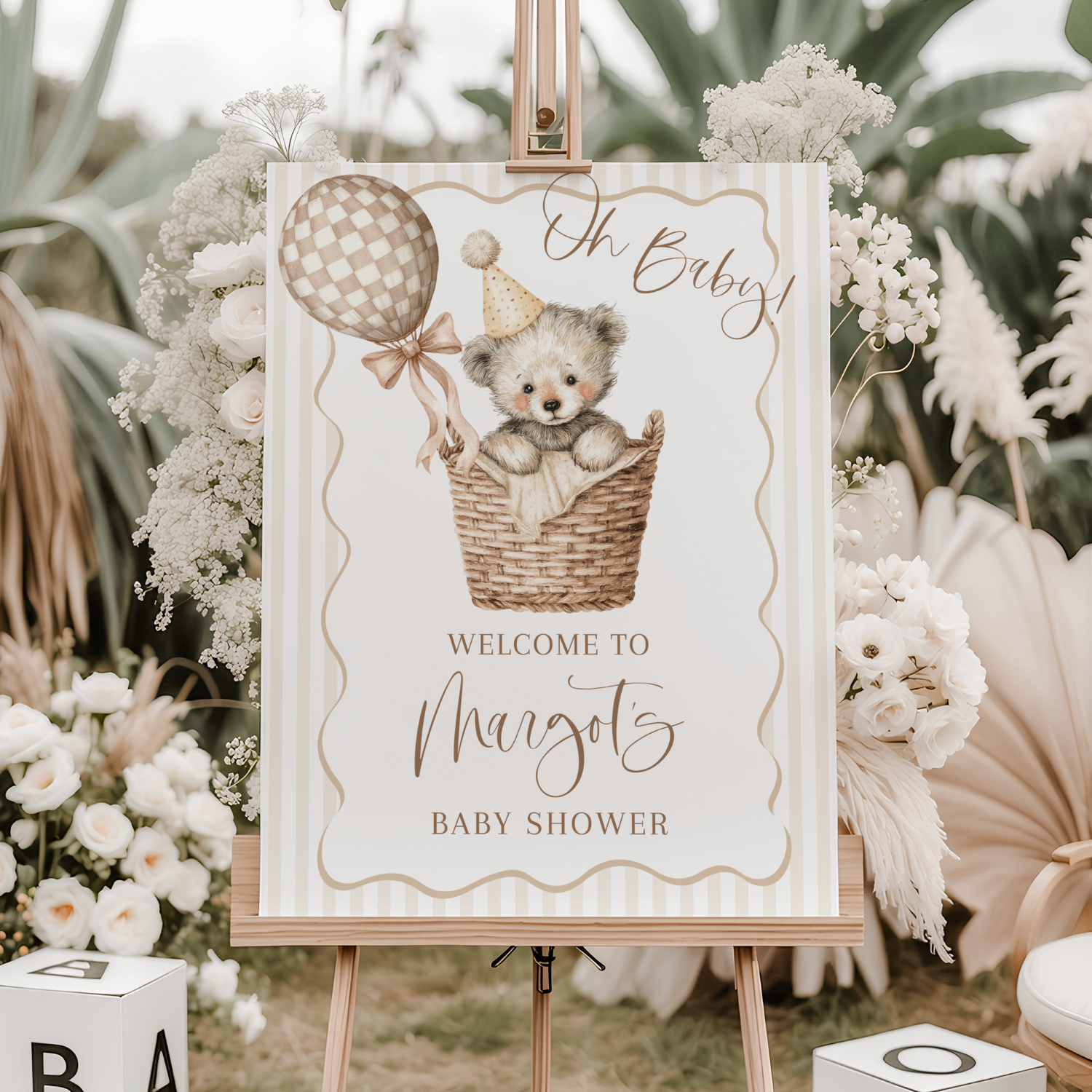 Little Teddy Bear with Balloon Baby Shower Welcome Sign-#168