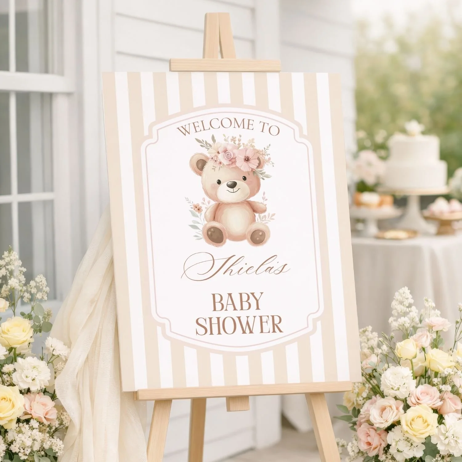 Cream Striped Teddy Bear Girl Baby Shower Welcome Sign-#112