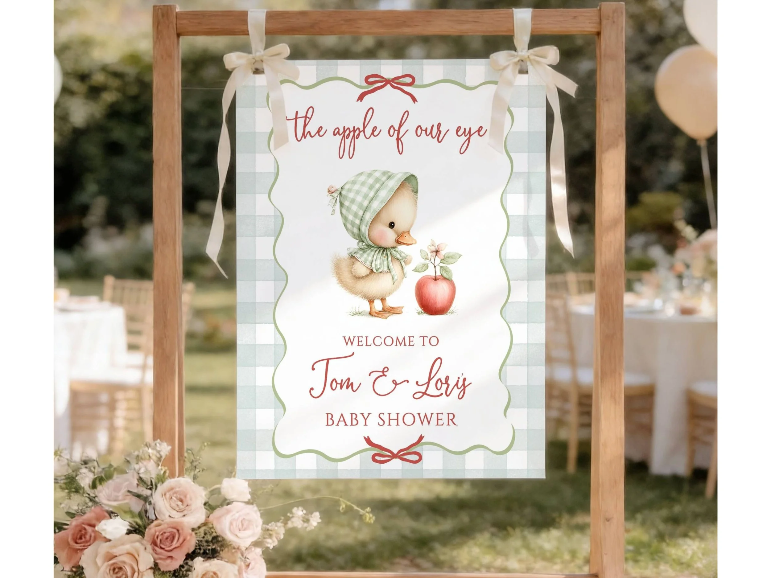 Apple of Our Eye Fall Baby Shower Welcome Sign, Green Gingham & Duck Canvas F20