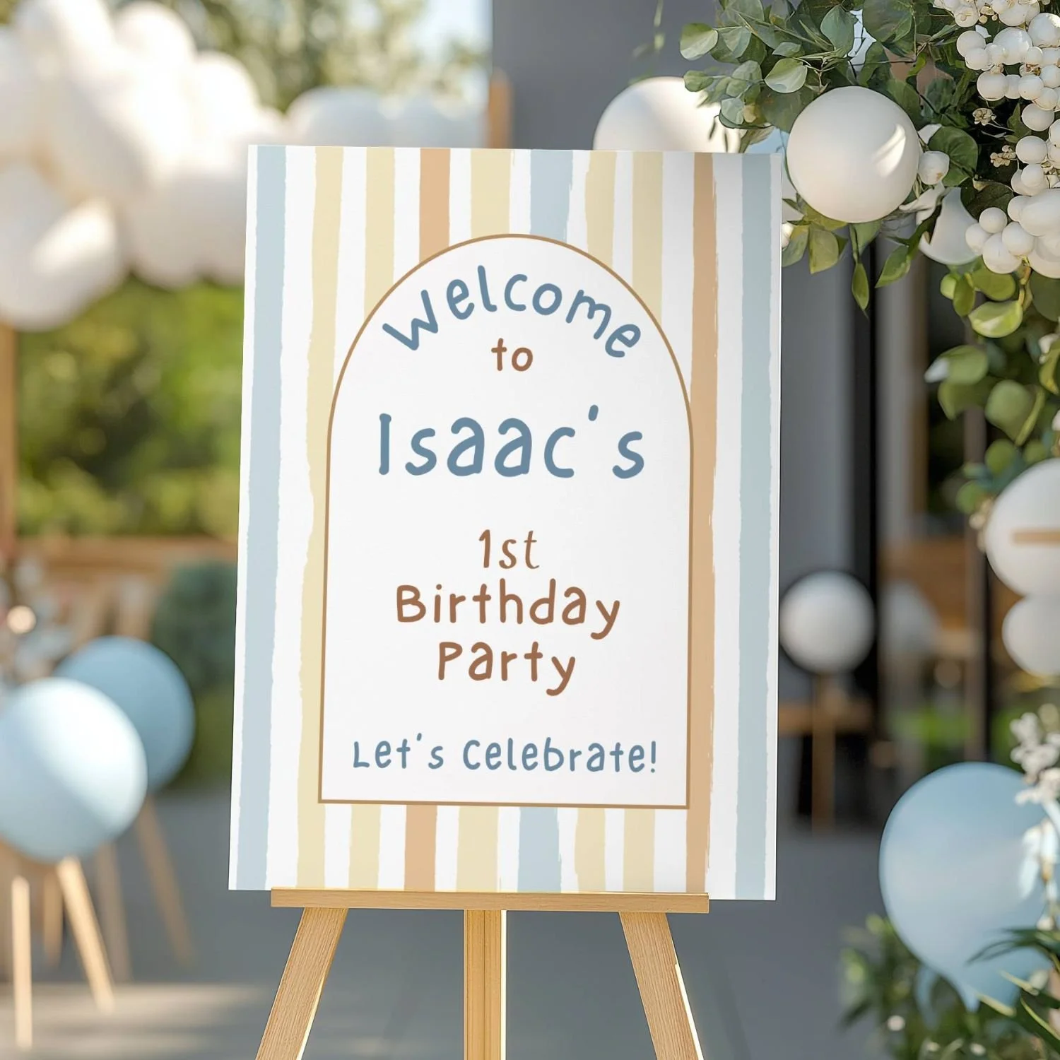 Boys 1st Birthday Welcome Sign, Pastel Yellow, Blue & Orange Stripe Boarder #32