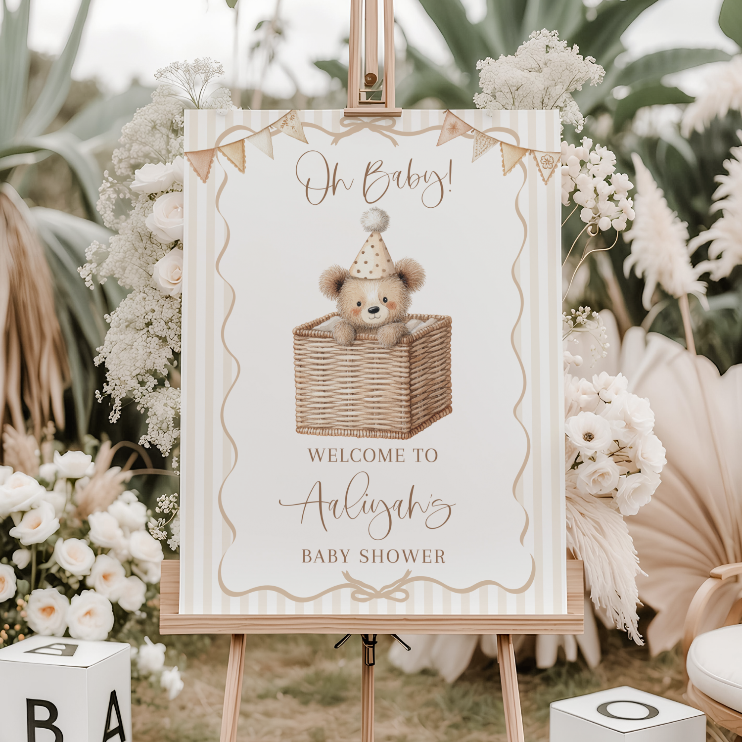 Little Teddy Bear in Basket Baby Shower Welcome Sign-#169