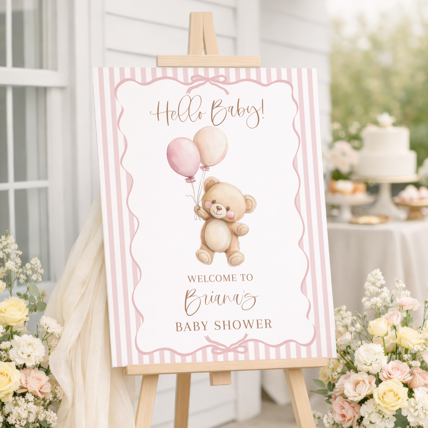 Hello Baby Blush Pink Teddy Bear Balloons Girl Baby Shower Welcome Sign-#136