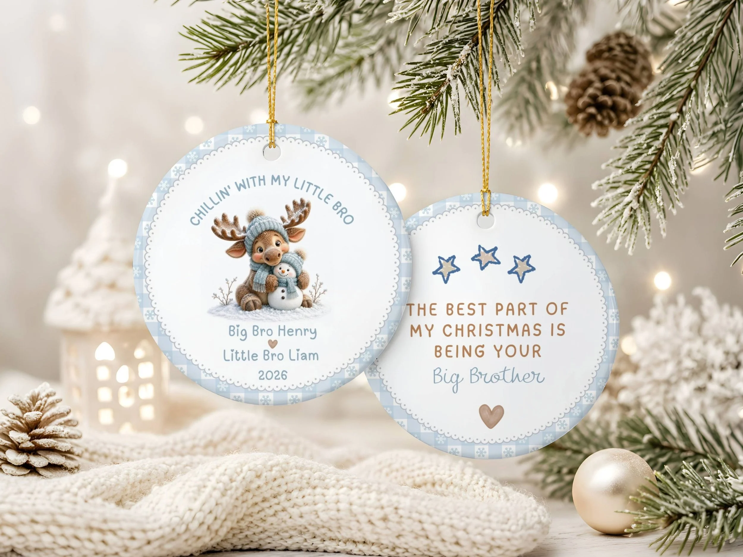 Personalized Big Bro Moose & Little Bro Snowman Ceramic Christmas Ornament CK10