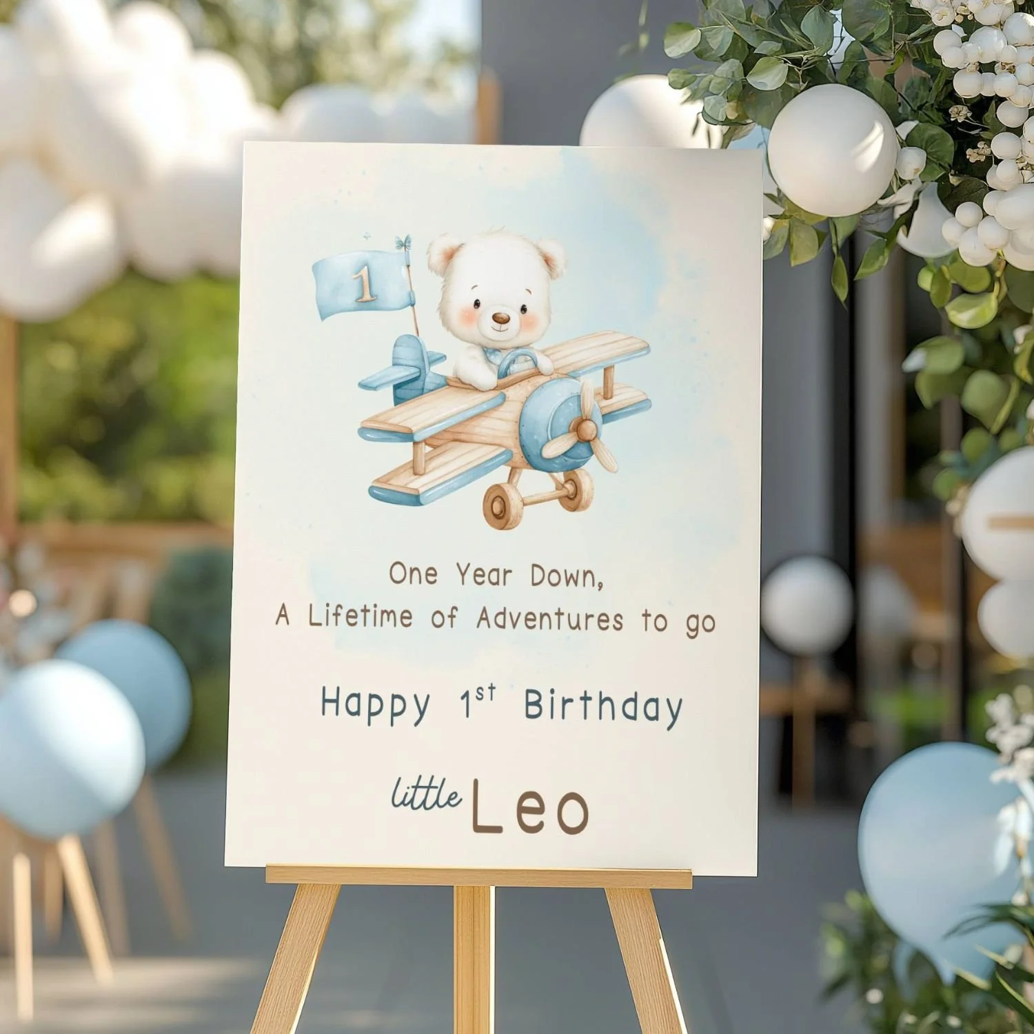 Teddy Bear Airplane 1st Birthday Welcome Sign, One Year Down A Lifetime of Adventures To Go Boy First Birthday Poster #30