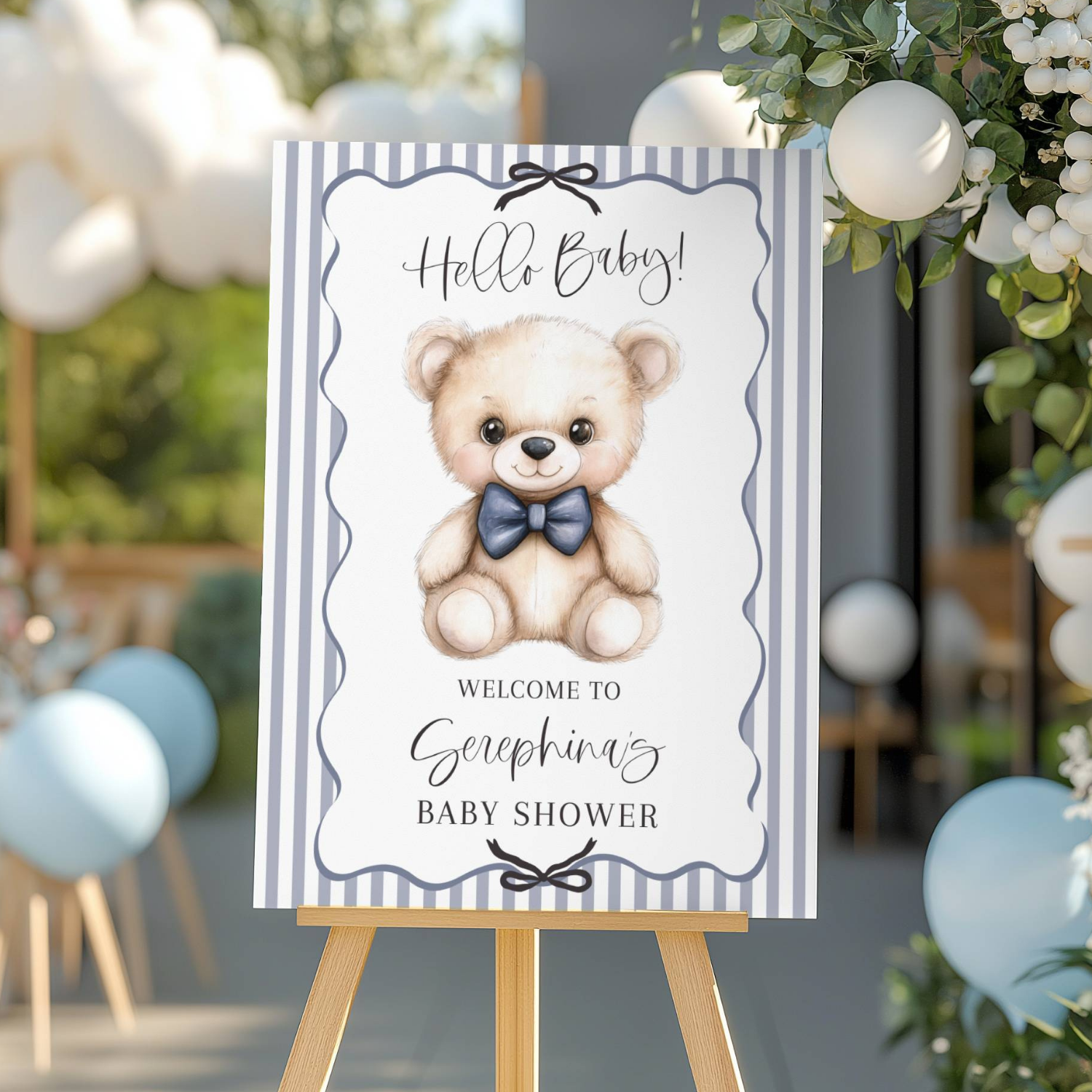 Dusty Blue Bow Tie Striped Teddy Bear Baby Shower Welcome Sign-#140