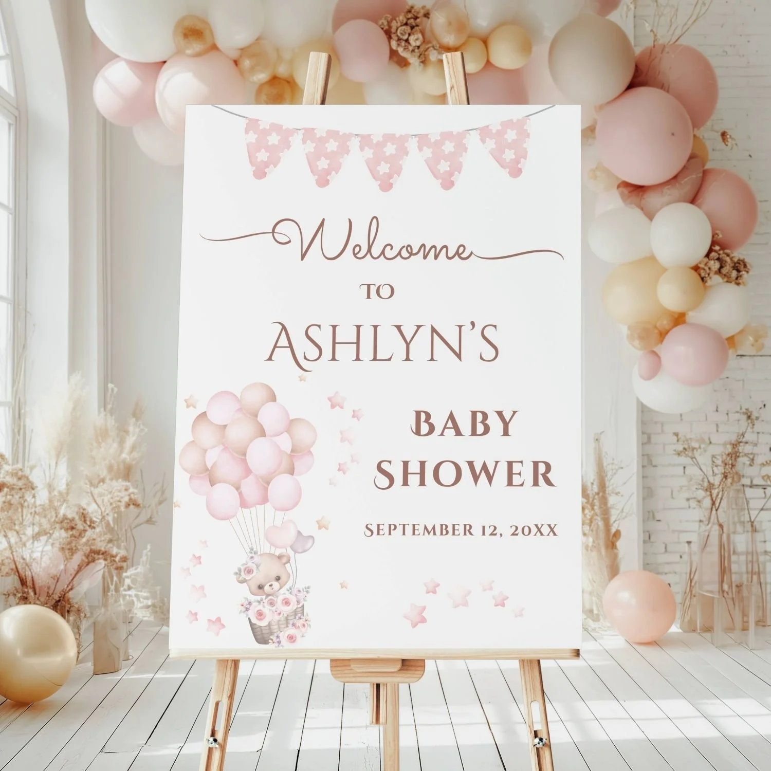 Pink Teddy Bear Balloons Baby Shower Welcome Sign #10