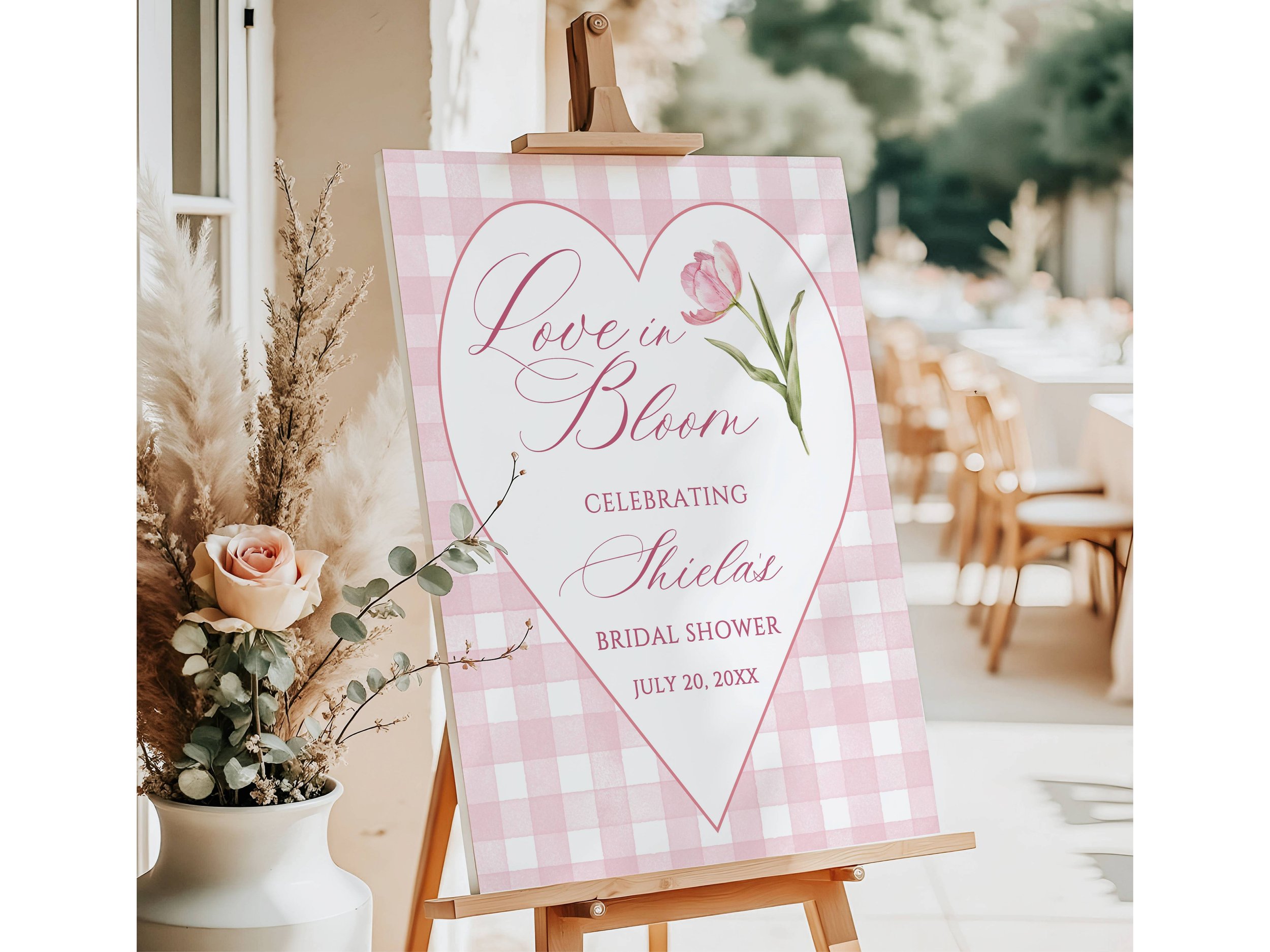 Preppy Pink Gingham Bridal Shower Welcome Sign, Love in Bloom Tulip Decor #63