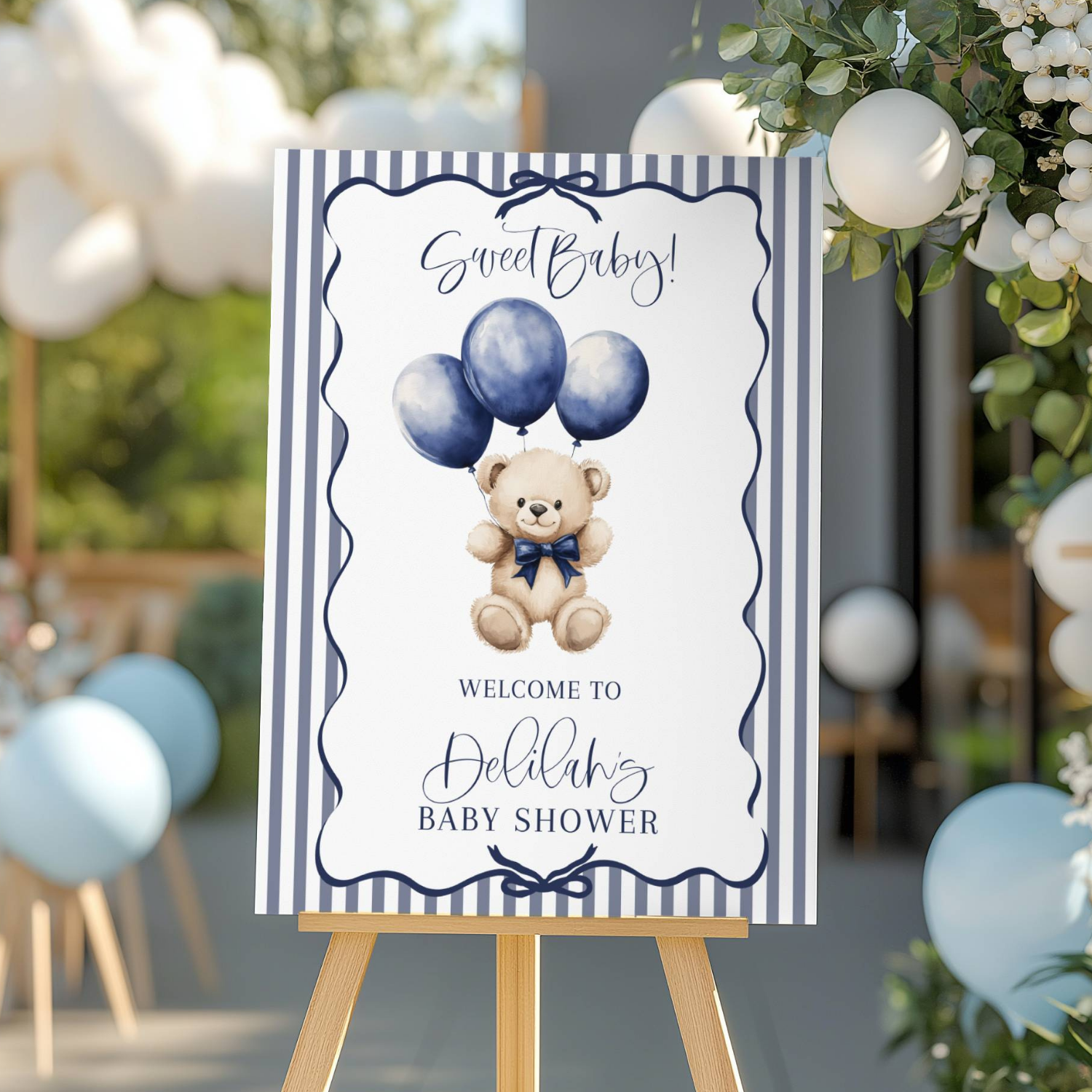 Blue Teddy Bear Balloons and Stripes Baby Shower Welcome Sign-#145