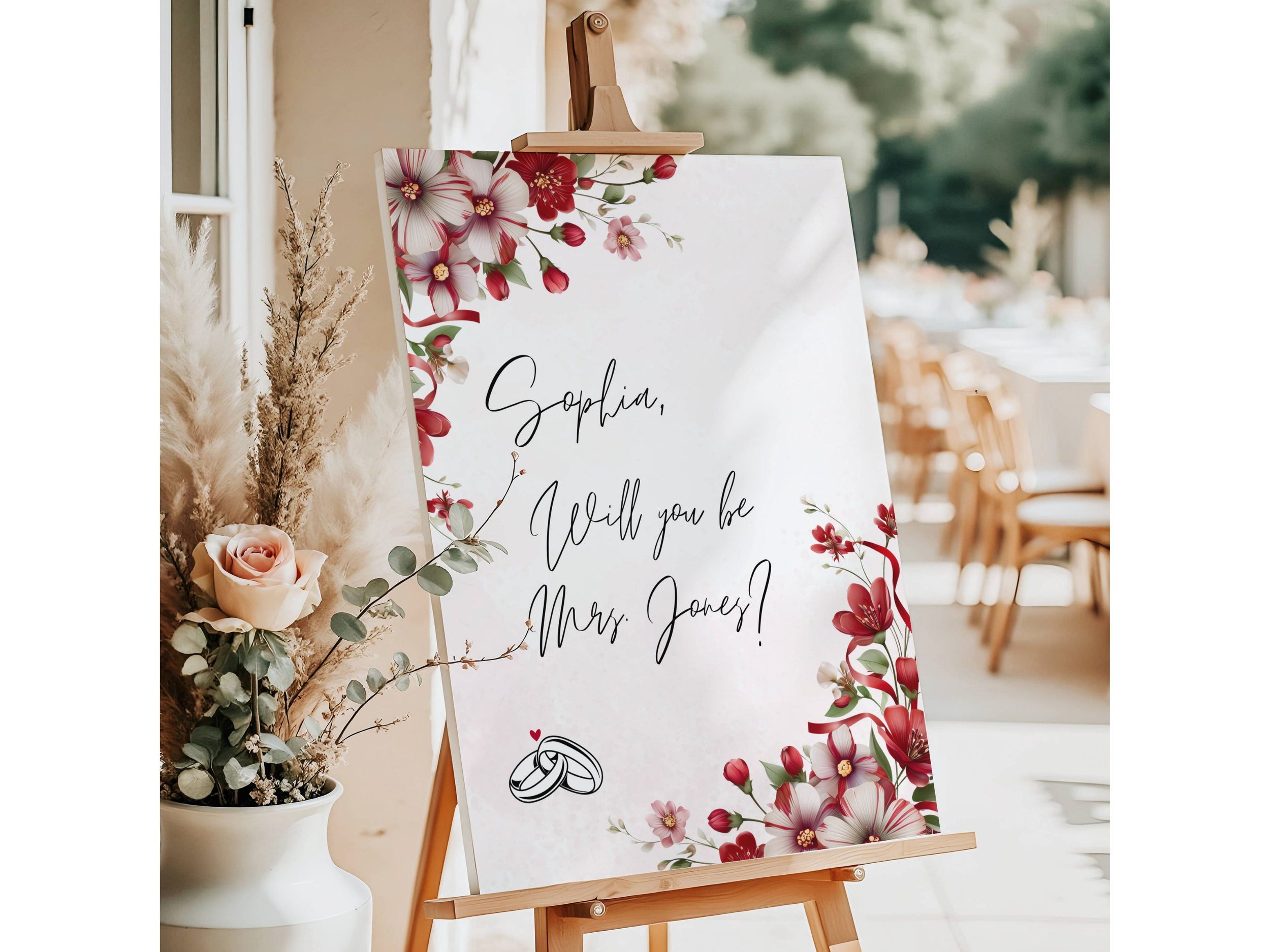 Red and White Floral Border Marriage Proposal Sign, Engagement Decor #11