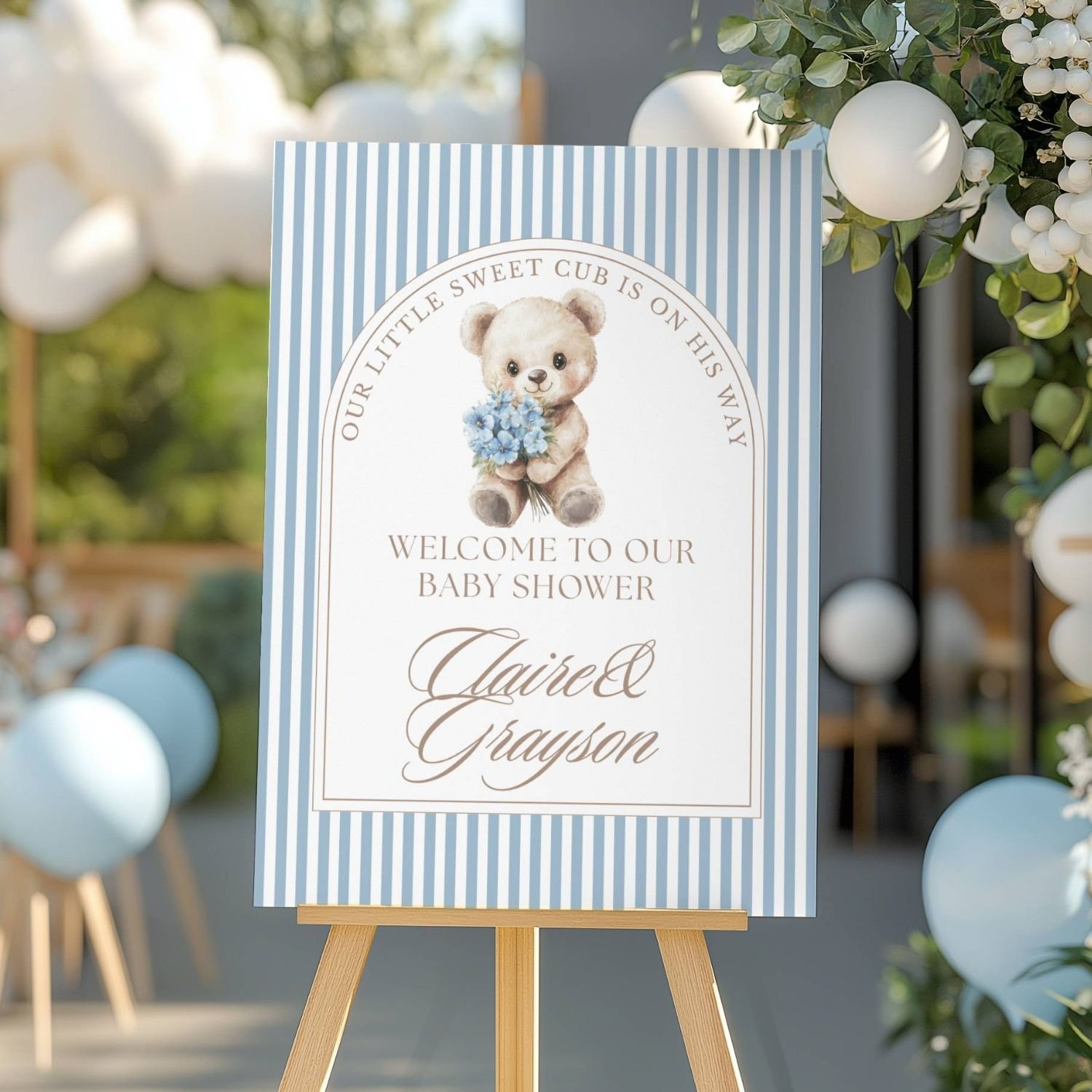 Our Little Sweet Cub Blue Teddy Bear Baby Shower Welcome Sign-#97
