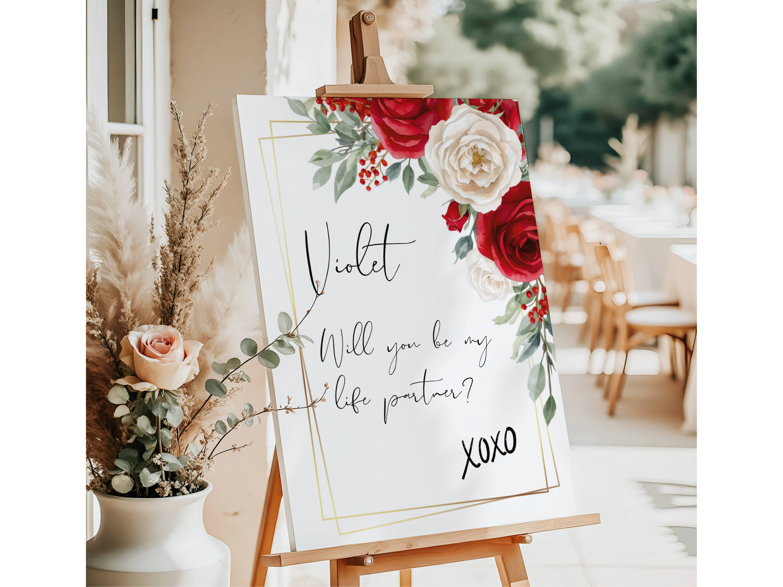 Custom Red and White Roses with Gold Border Proposal Sign #9