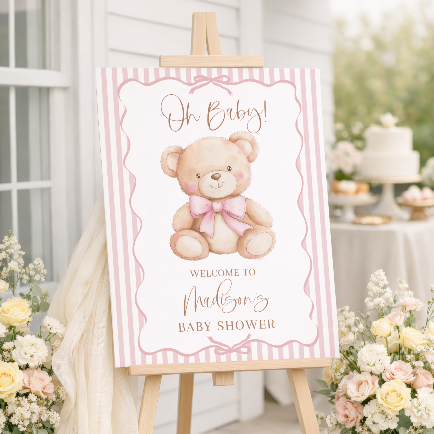 Pink Bow Teddy Bear Girl Baby Shower Welcome Sign-#133