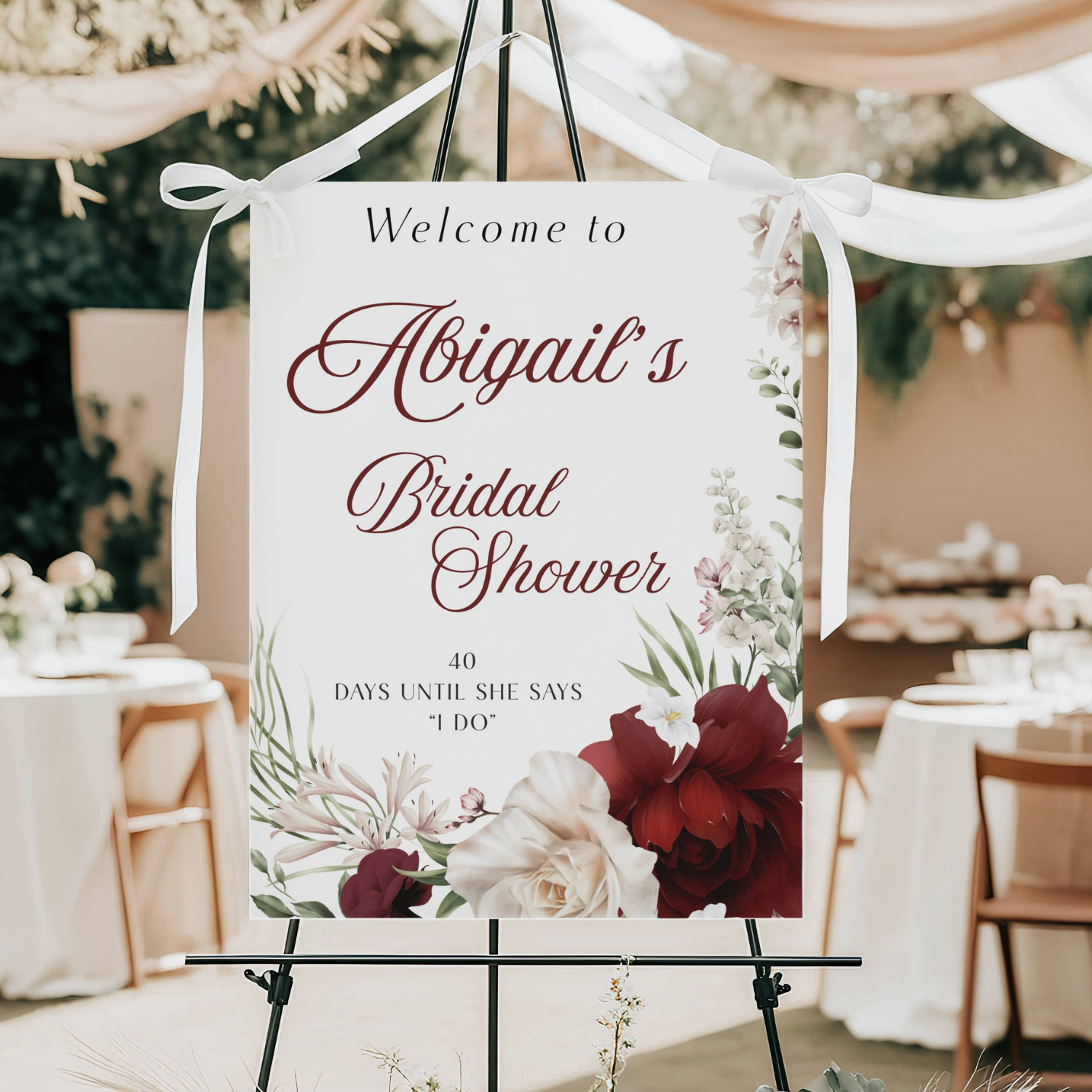 Burgundy Floral Bridal Shower Welcome Sign, Elegant Bride-to-Be Decor #4
