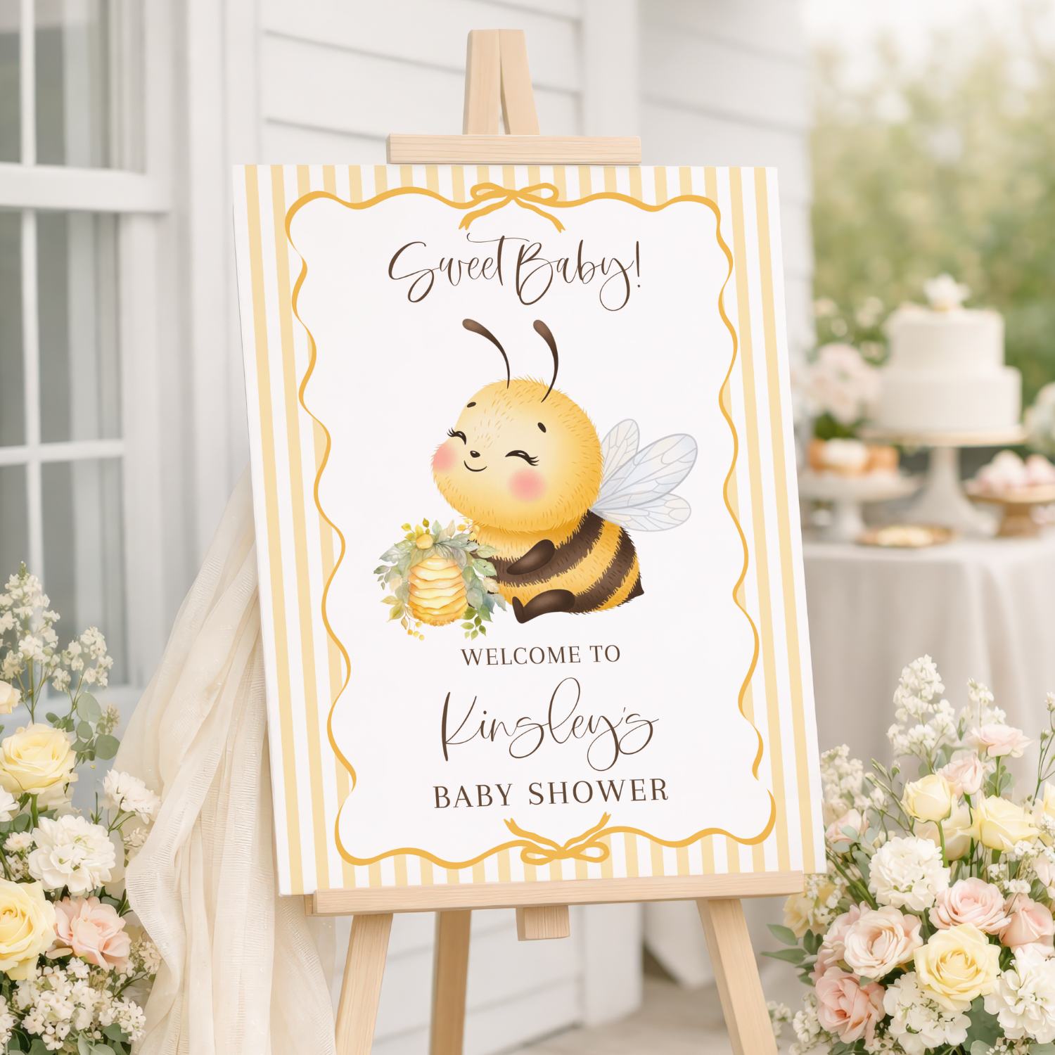 Sweet Baby Bumblebee Yellow Striped Baby Shower Welcome Sign-#149