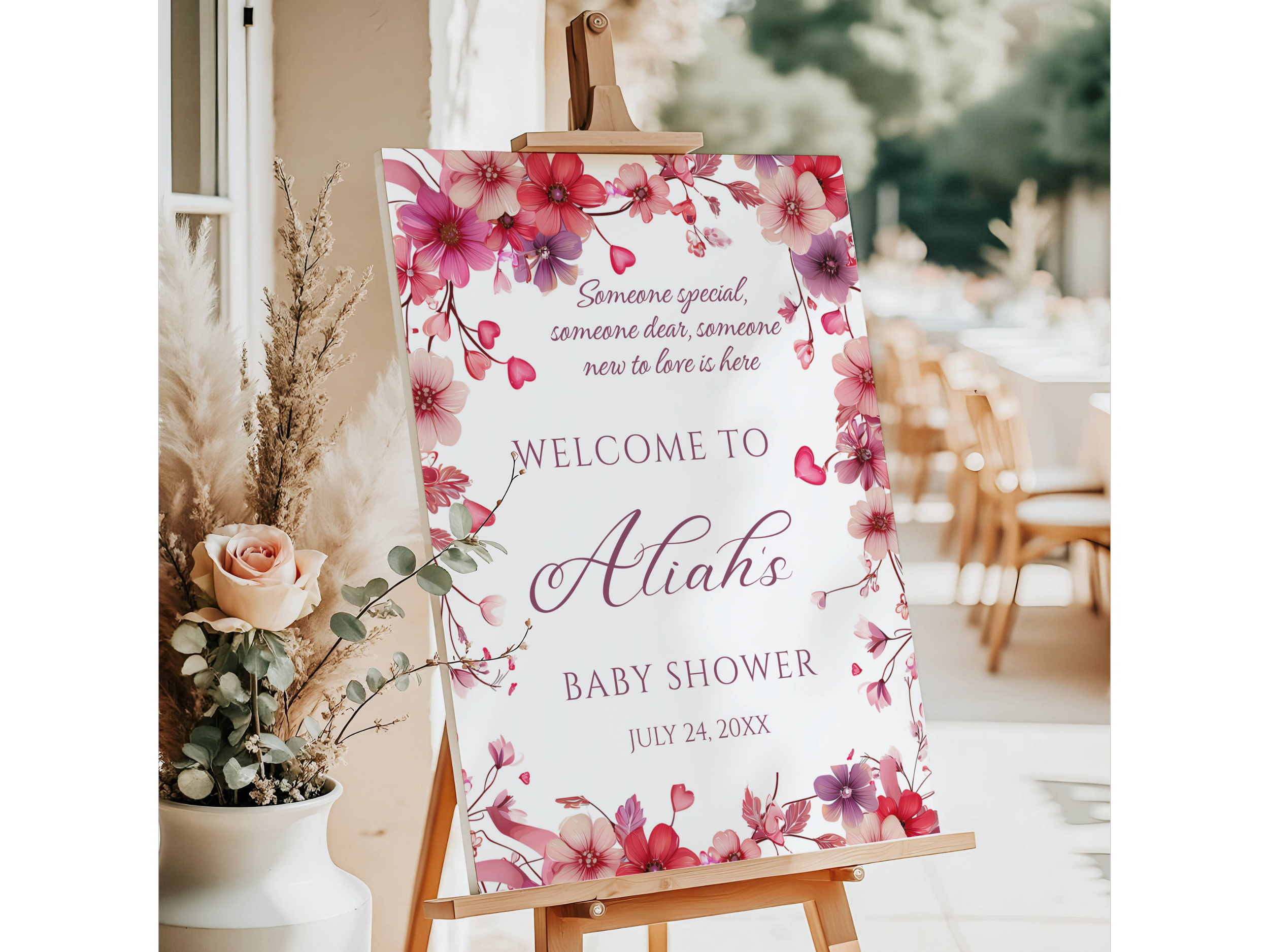 Pink Flowers and Hearts Baby Shower Welcome Sign-#2