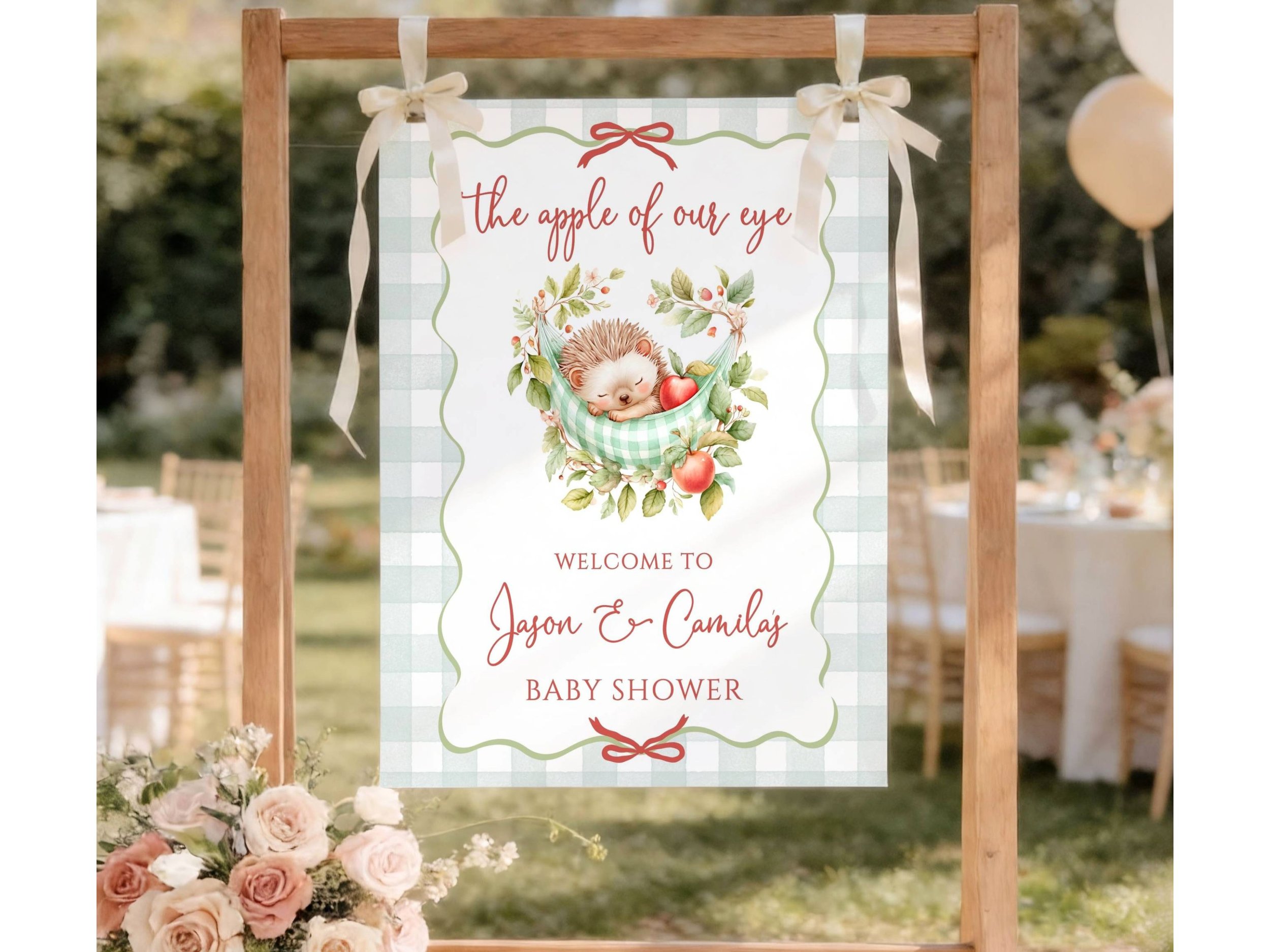 Green Gingham Fall Poster, Cute Porcupine Autumn Baby Shower Sign F21