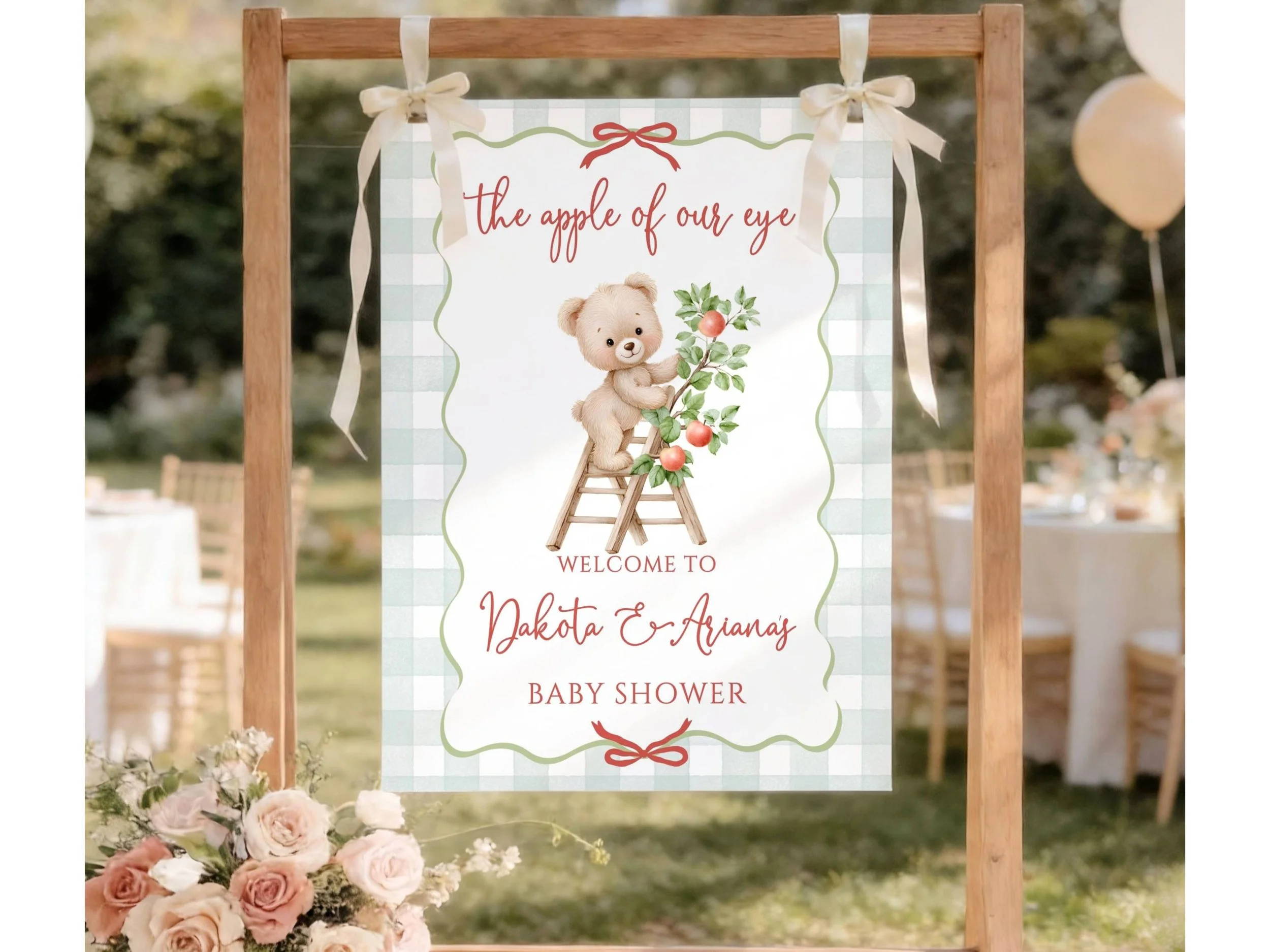 Apple of Our Eye Fall Baby Shower Welcome Poster, Green Gingham Teddy Bear Sign F22