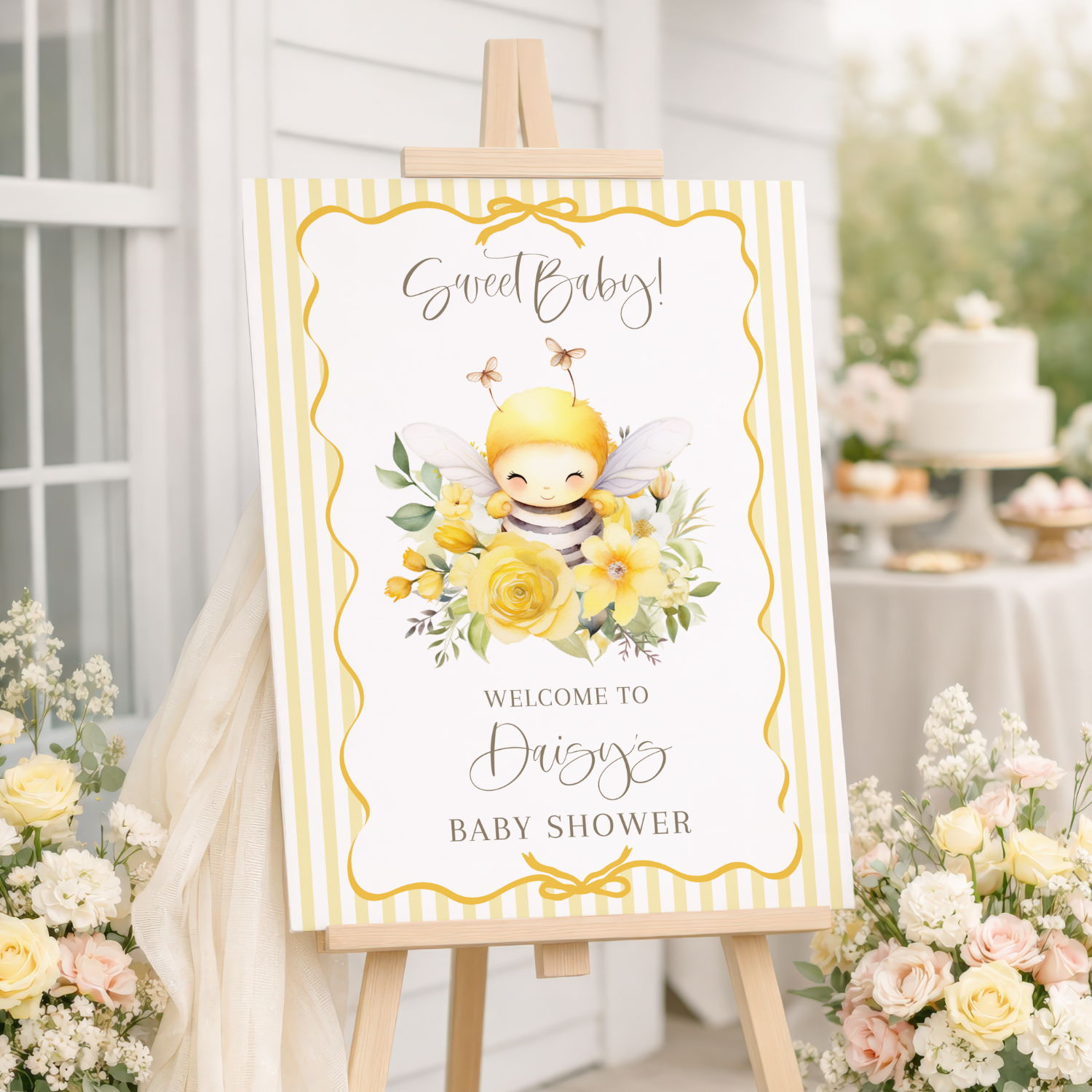 Sweet Baby Bee Yellow Striped Baby Shower Welcome Sign-#148