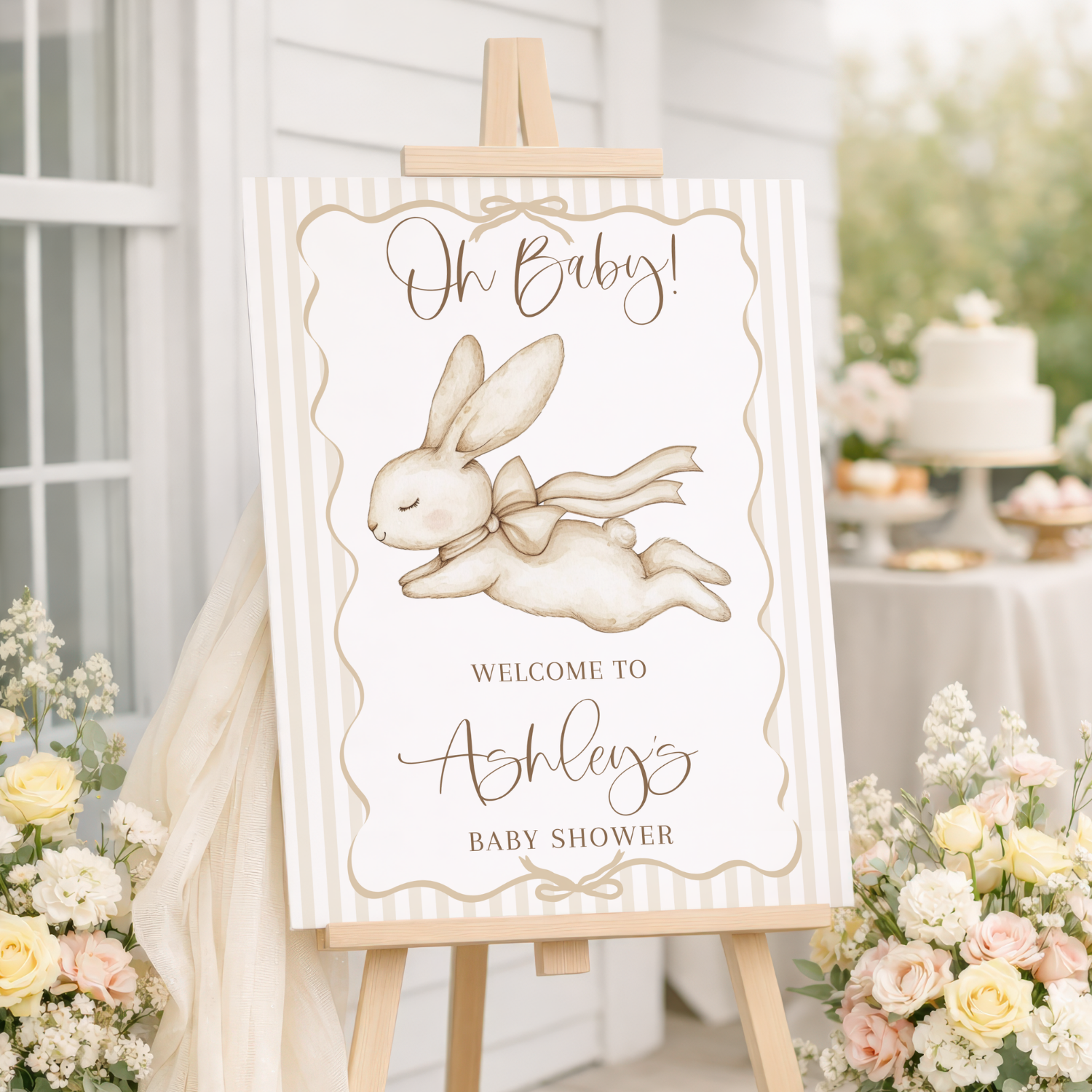 Sleeping Flying Bunny Beige Striped Baby Shower Welcome Sign-#171