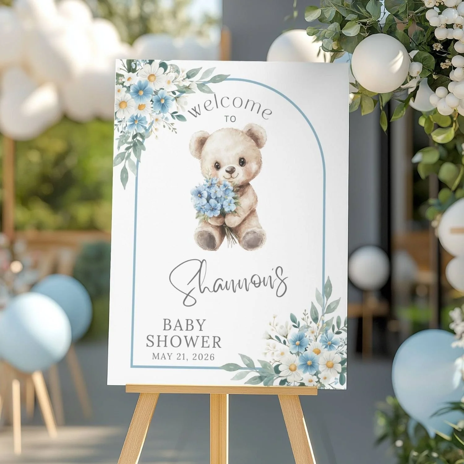 Blue Floral Teddy Bear Baby Shower Welcome Sign-#107