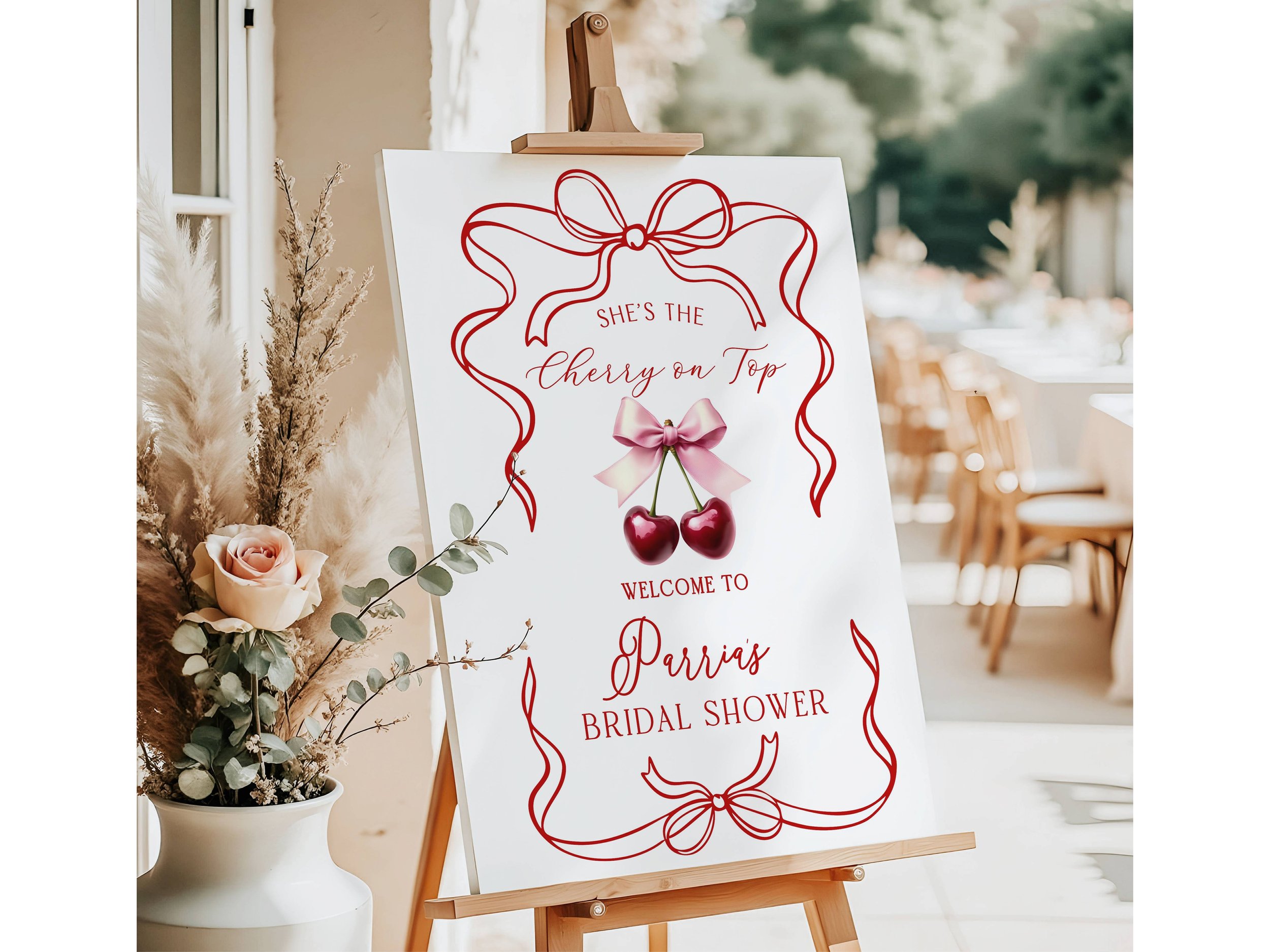"She's the Cherry on Top!" Red Bow Border Bridal Shower Welcome Sign #62