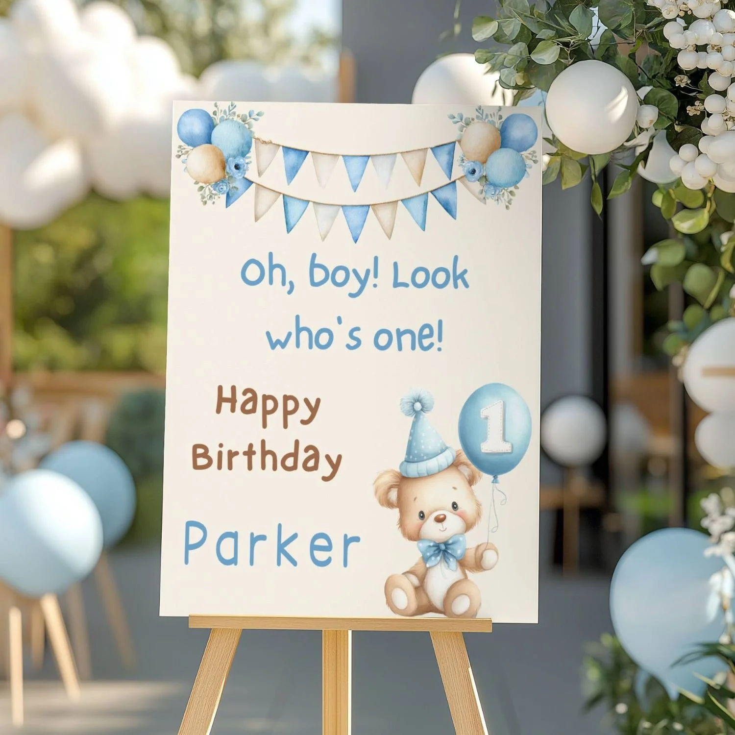 Teddy Bear First Birthday Welcome Sign, Oh Boy Look Who’s One Party Poster #22