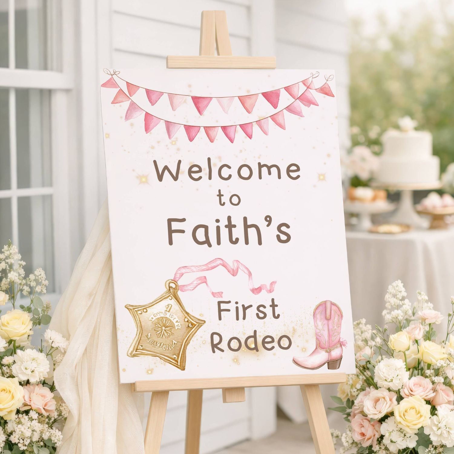 Girls First Rodeo Welcome Sign, Pink Cowgirl Boot and Gold Badge Western Birthday Party Poster #17