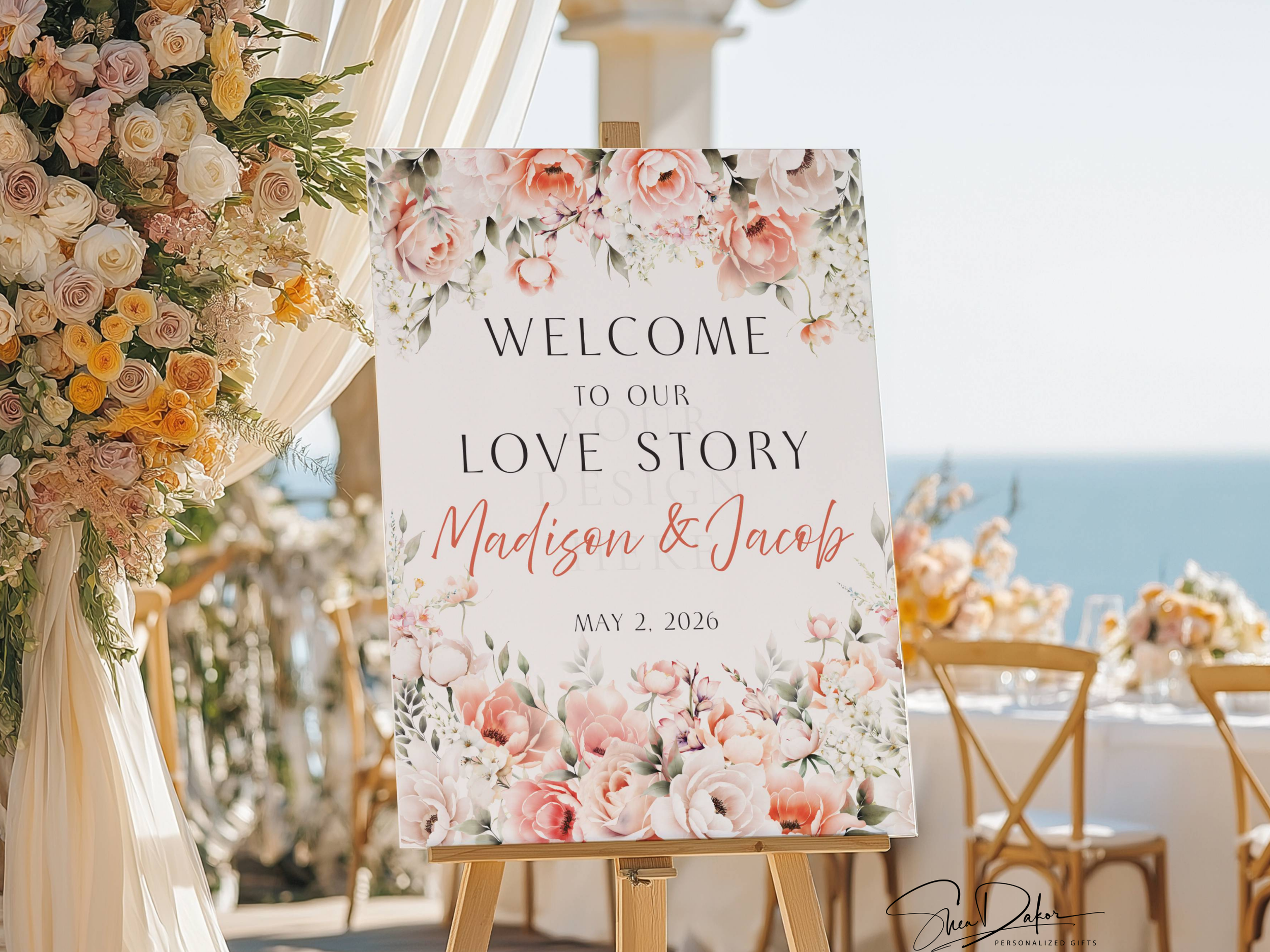Personalized Coral Peony Floral Welcome to Our Love Story Wedding Sign #CV16