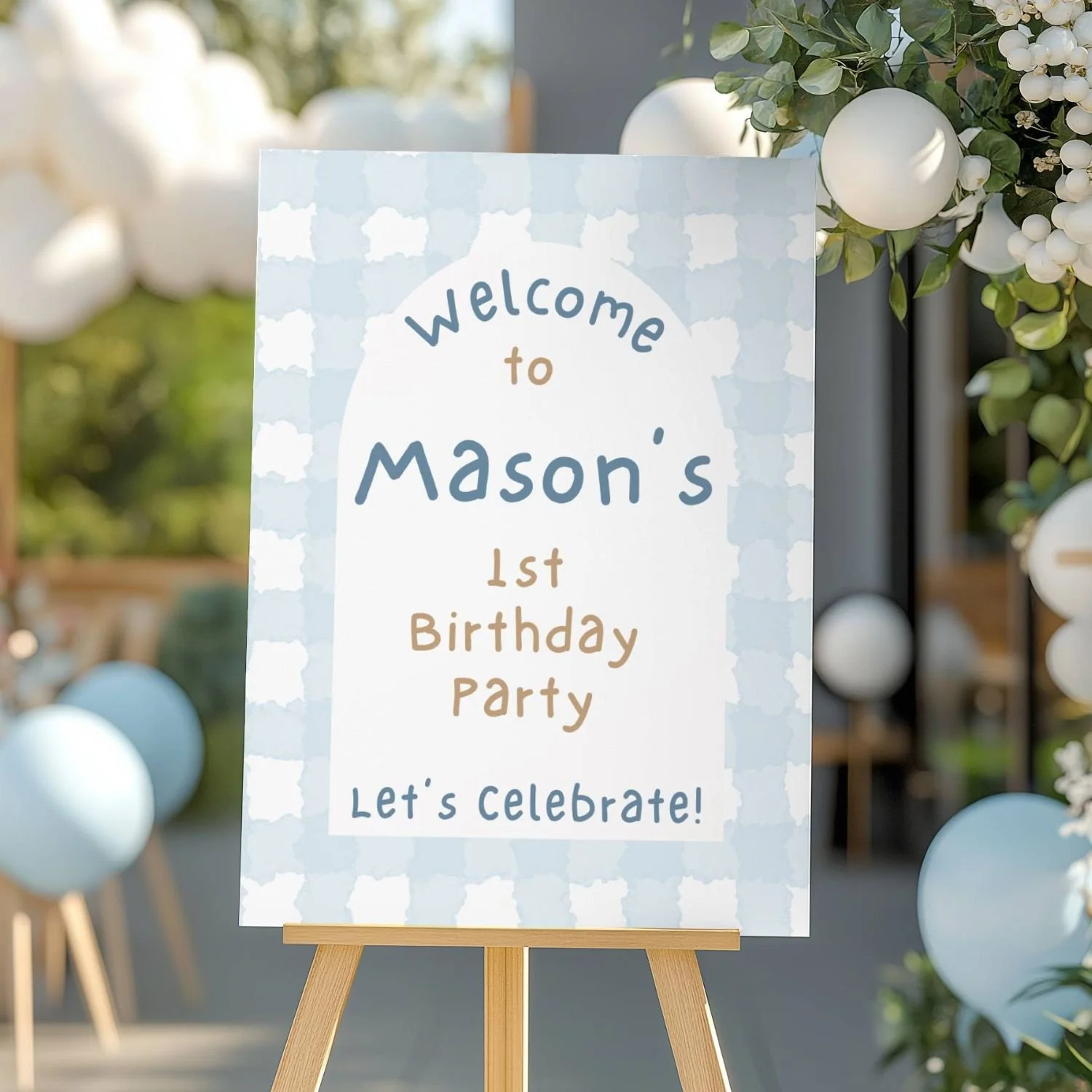 Custom Light Blue Gingham Boy Birthday Welcome Sign, Gingham Border Party Sign, #25
