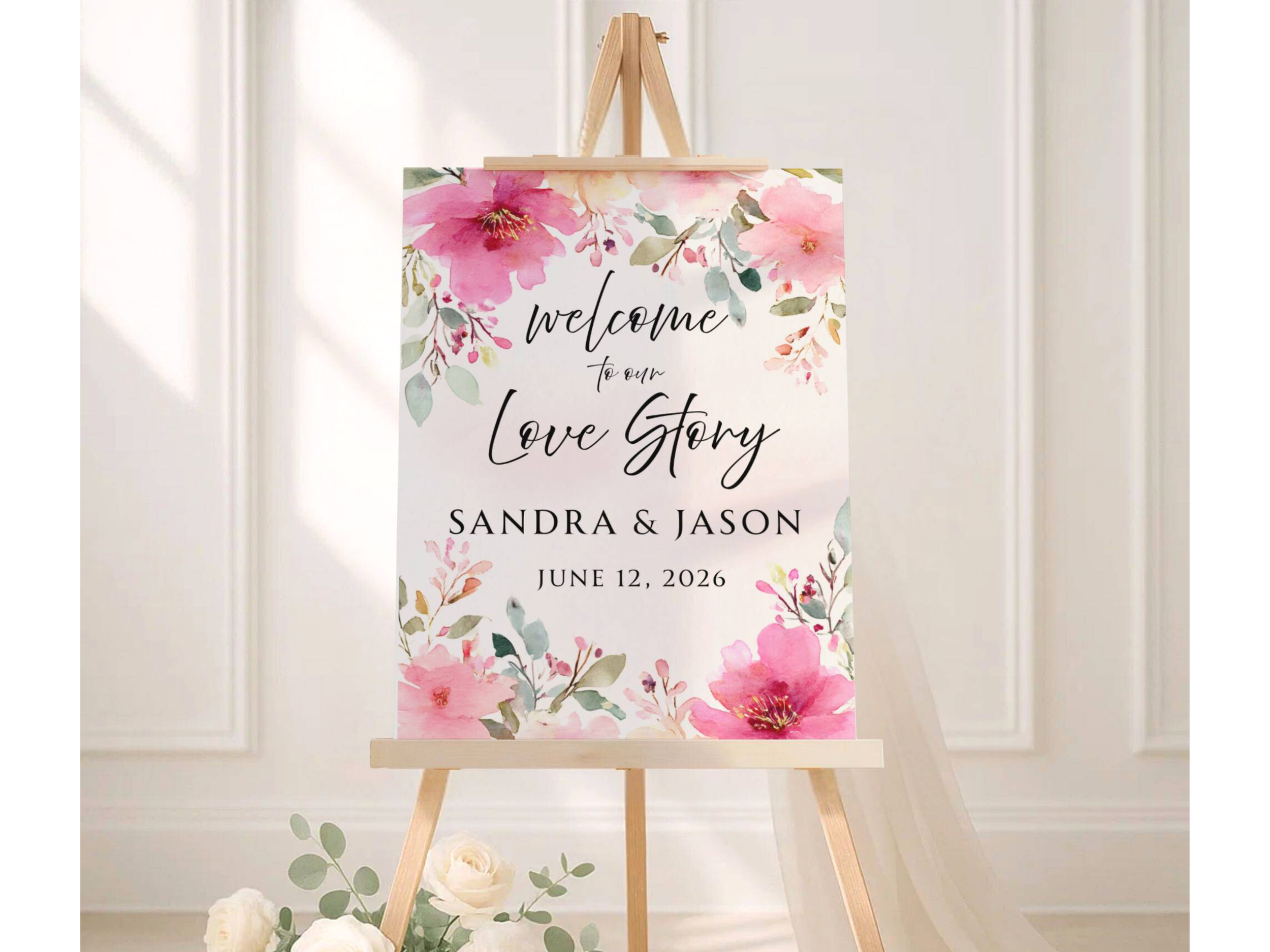 Personalized Welcome to Our Love Story Wedding Sign Pink Floral-#18