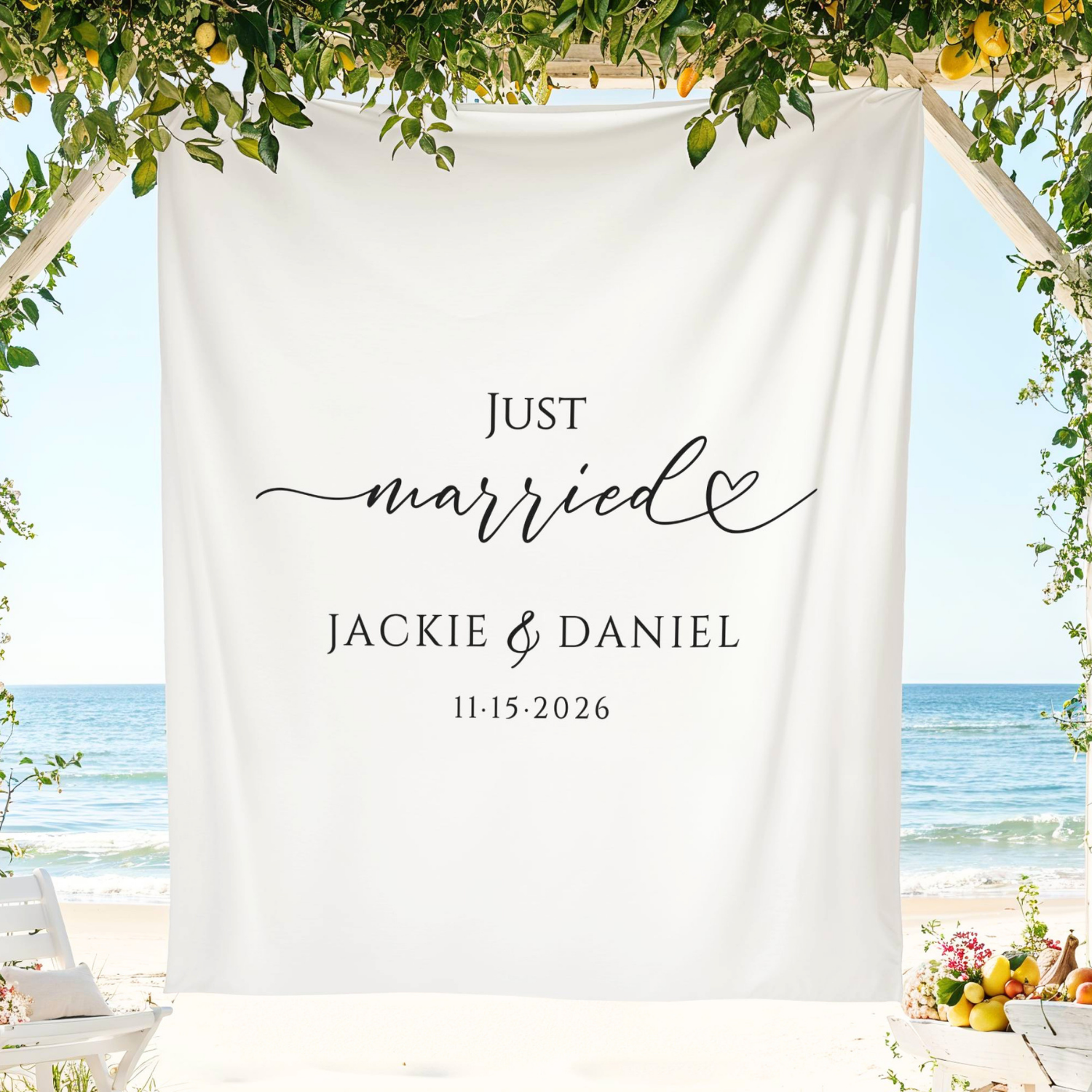 Just Married Wedding Sign Tapestry Banner, Personalized Photo Backdrop #47