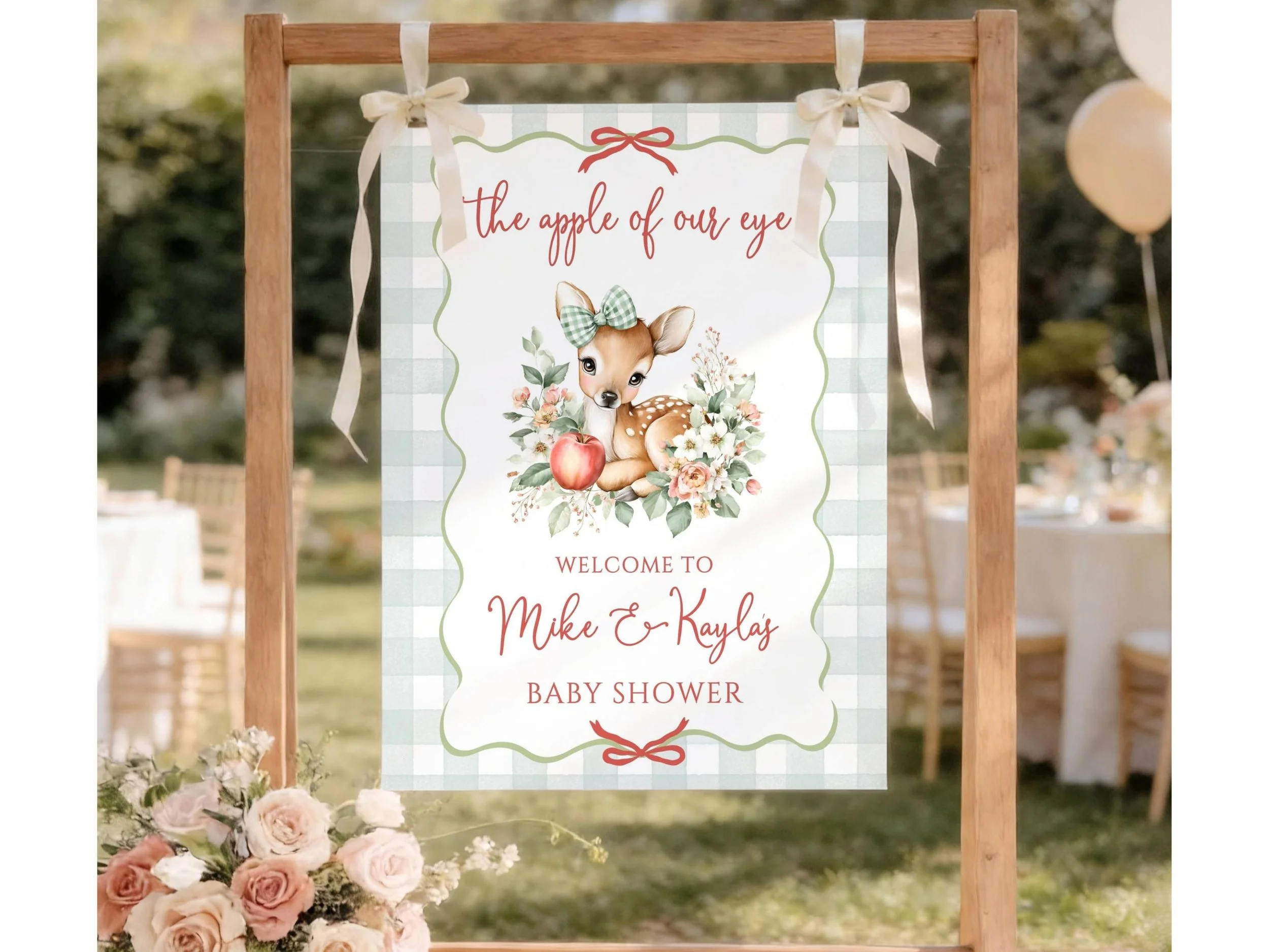 Preppy Green Gingham Apple of Our Eye Baby Shower Welcome Sign, Cute Baby Deer Autumn Poster F16