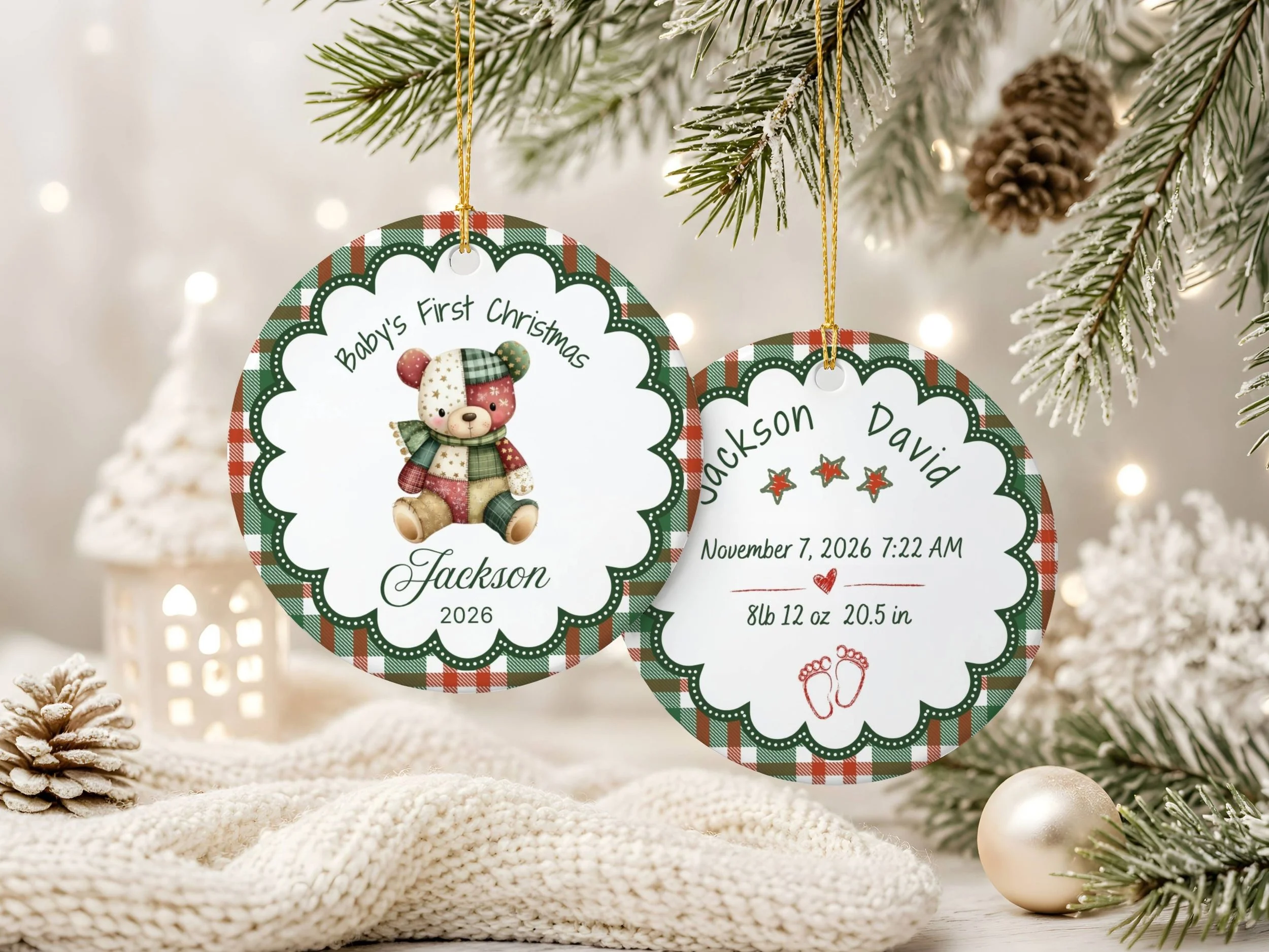 Personalized Baby's First Christmas Patchwork Teddy Bear Ceramic Ornament CK3