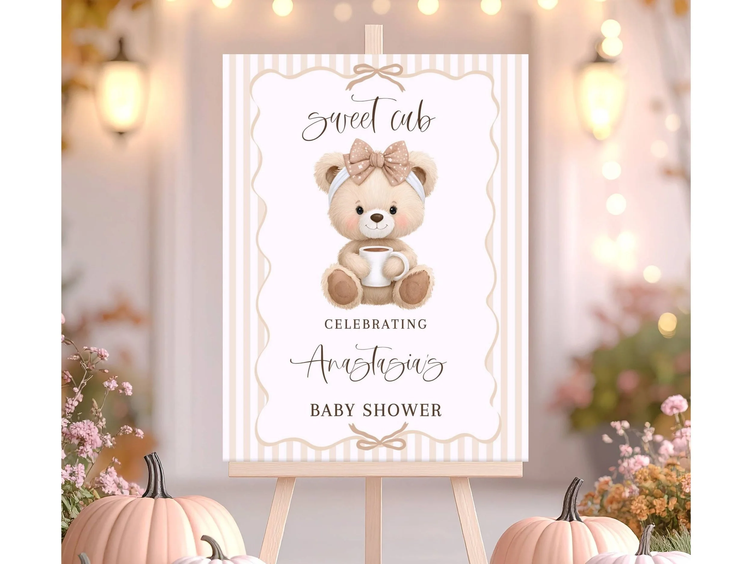 Personalized Sweet Girly Cub with Mug Fall Theme Baby Shower Welcome Sign, Beige Striped Foam Board-F32