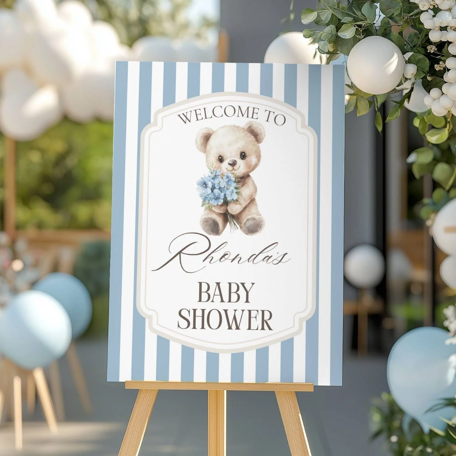 Blue Floral Teddy Bear Baby Shower Welcome Sign-#116