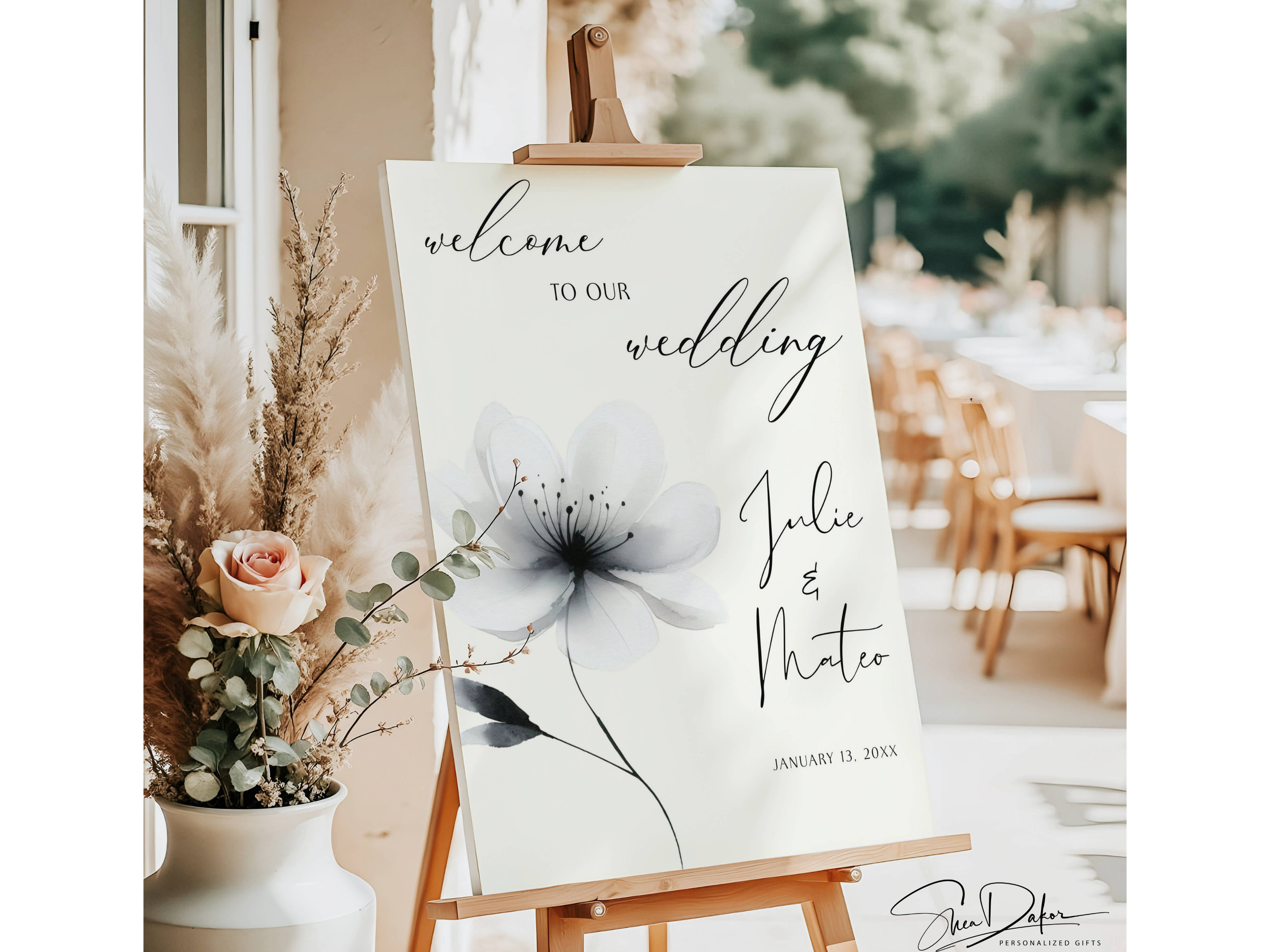 Modern Monochrome Black and White Floral Wedding Sign, Printed or Digital #CV30