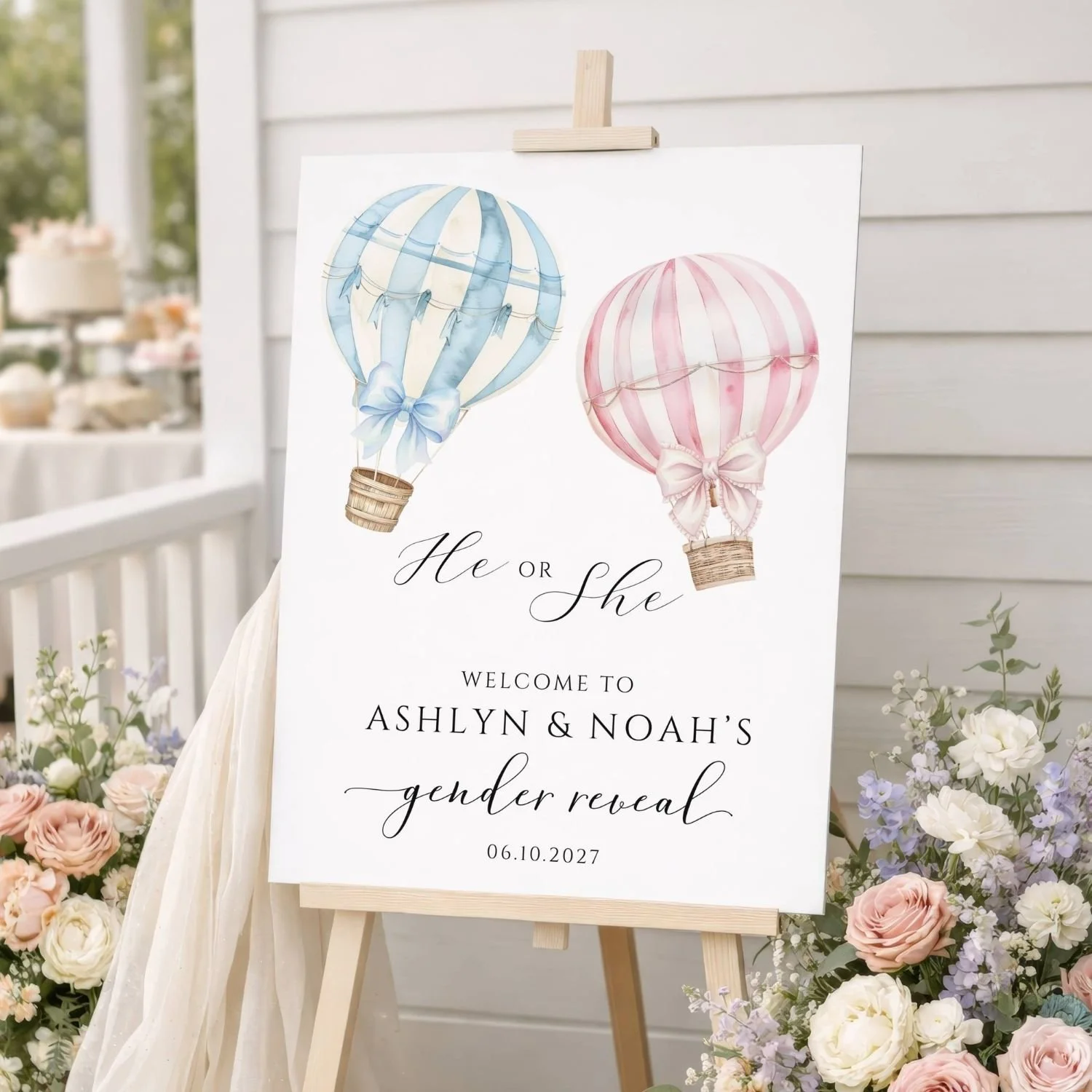 He or She Pink and Blue Hot Air Balloon Gender Reveal Welcome Sign, Canvas Poster Foam Board Digital File #1