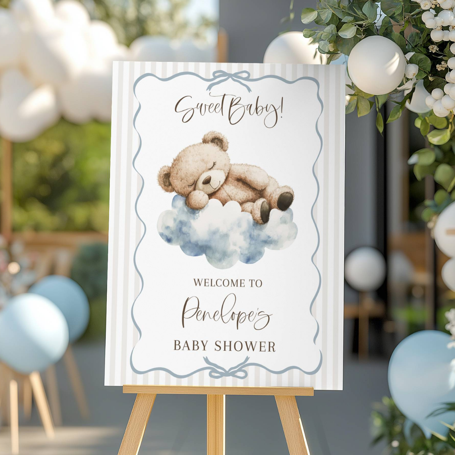Sleeping Teddy Bear Beige Striped Baby Shower Welcome Sign-#144