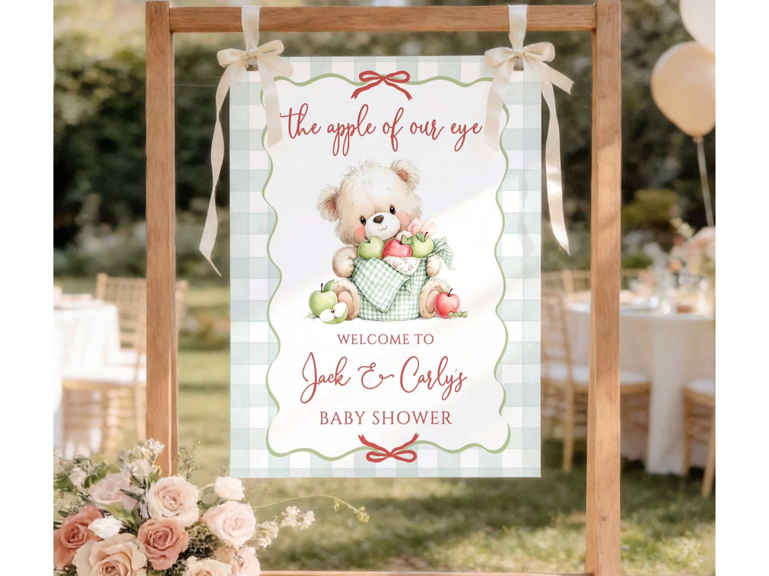 Apple of Our Eye Baby Shower Welcome Sign Teddy Bear Green Gingham Fall Decor F11