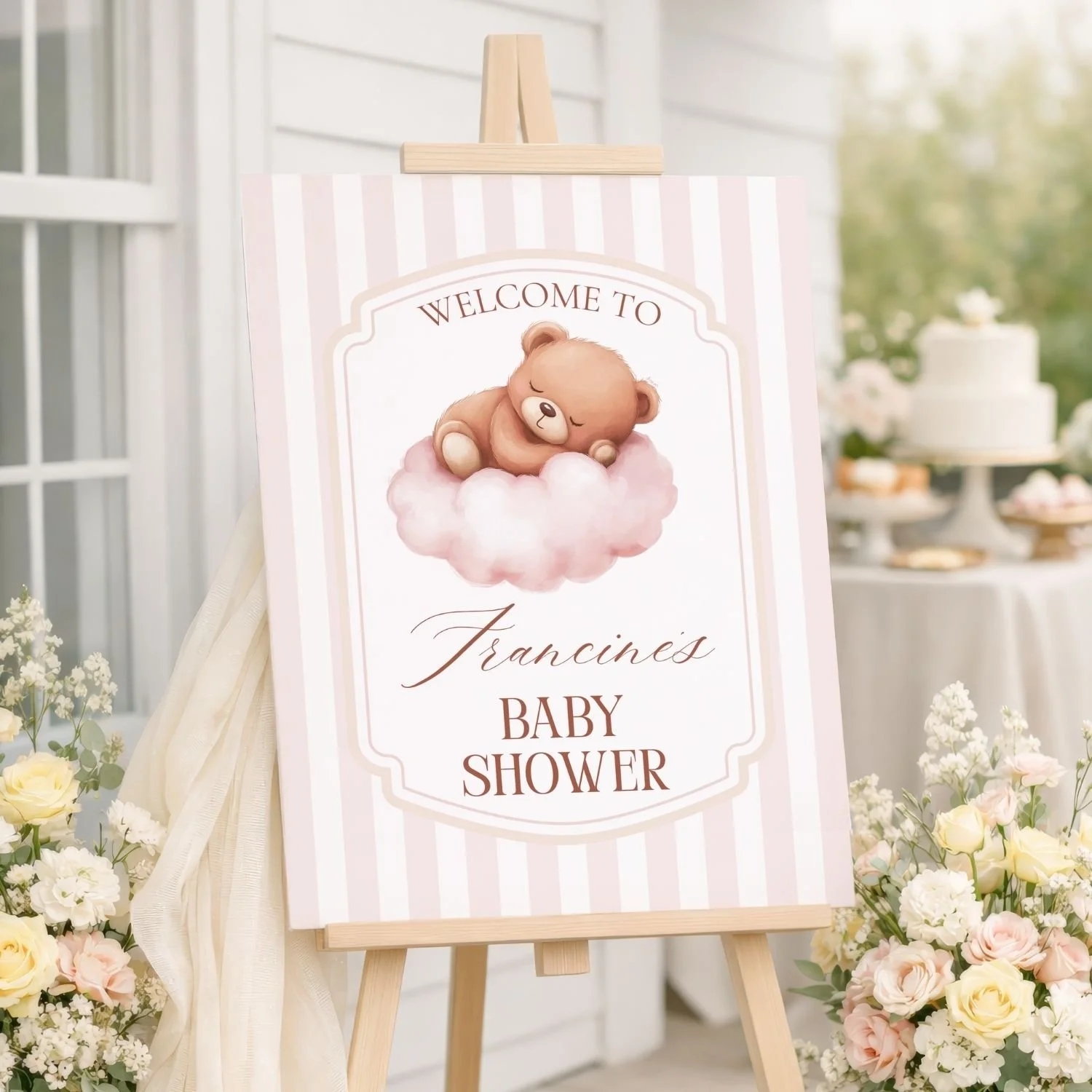 Blush Pink Sleeping Teddy Bear Baby Shower Welcome Sign-#113